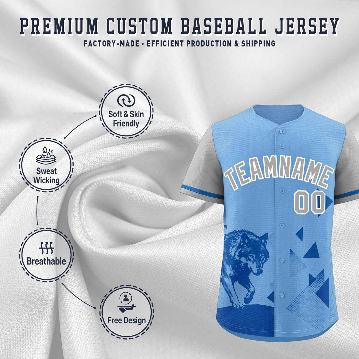 Custom Gray Powder Blue Raptor Series Raglan Sleeves Breathable Baseball Jersey