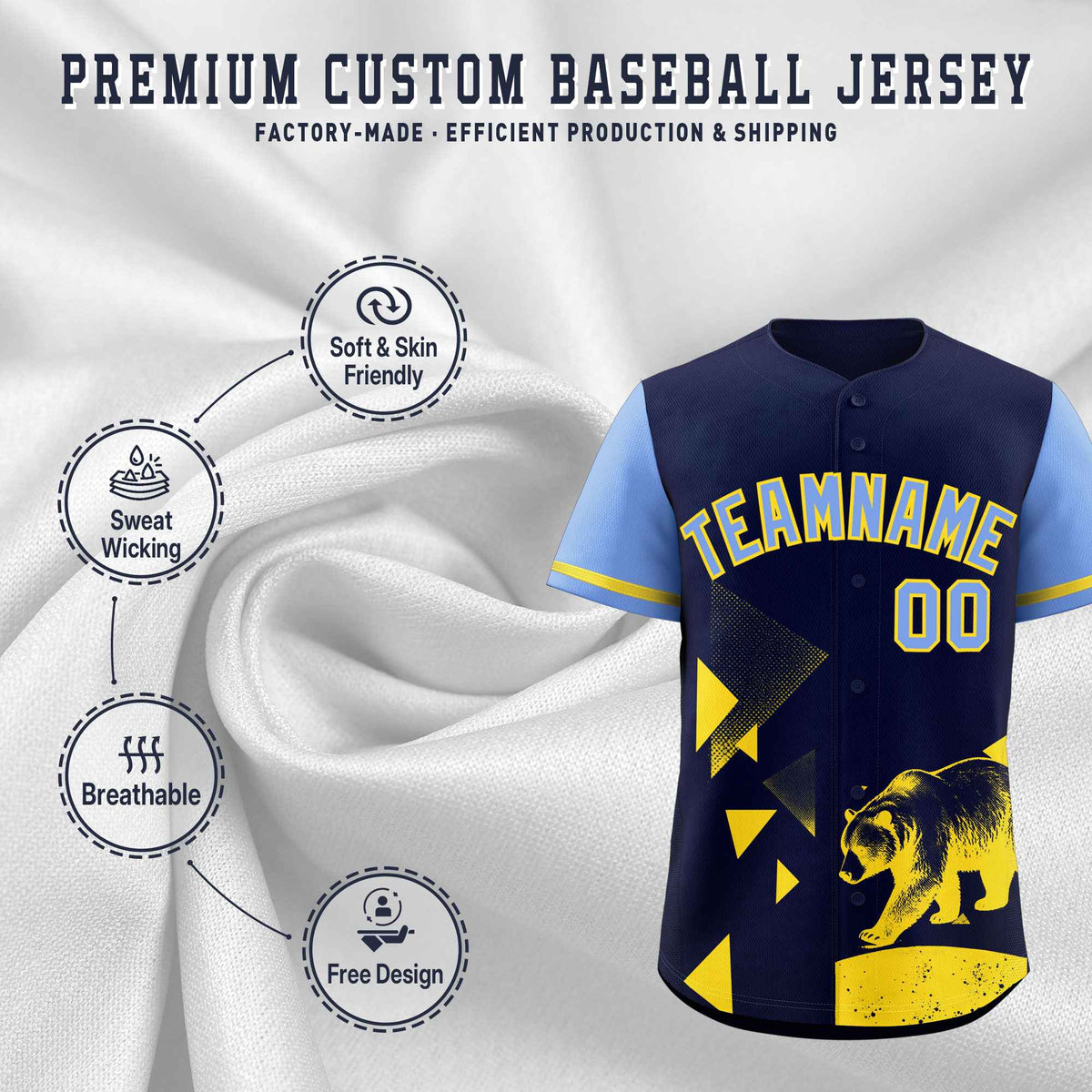Custom Light Blue Midnight Blue Raptor Series Raglan Sleeves Lightweight Baseball Jersey