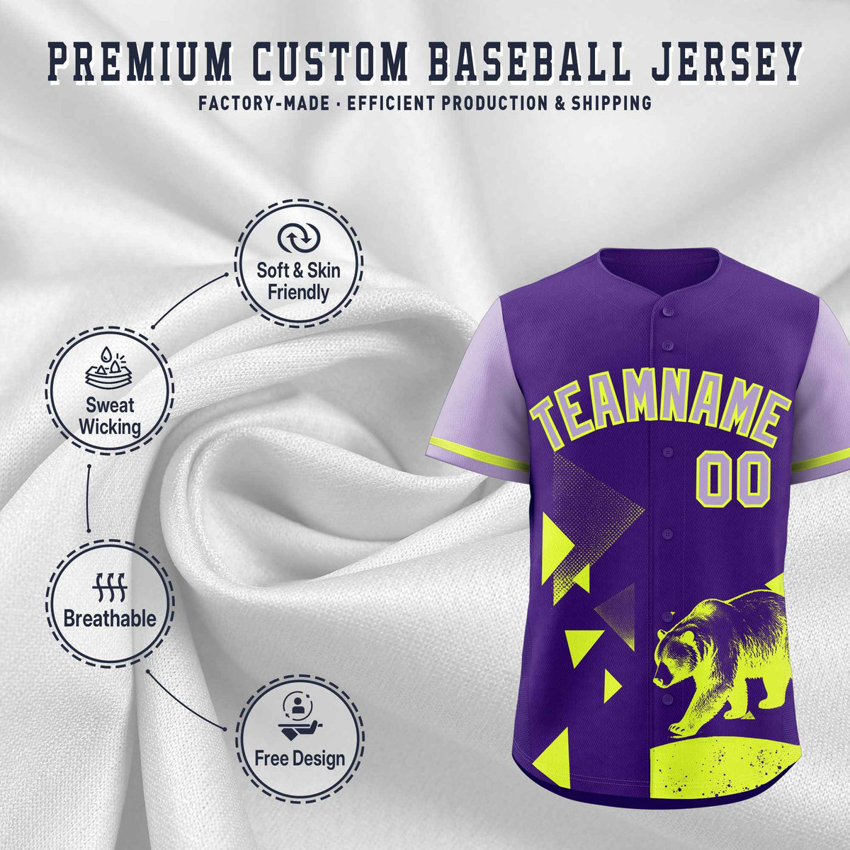 Custom Light Purple Purple Raptor Series Raglan Sleeves Wrinkle-Resistant Baseball Jersey