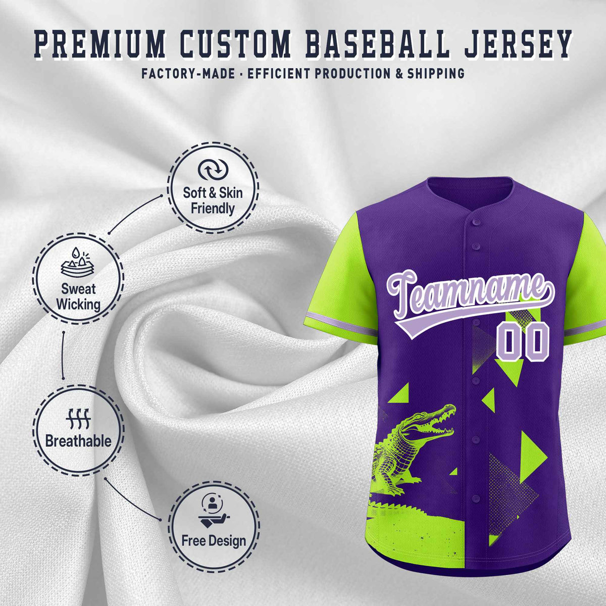 Custom Neon Green Purple Raptor Series Raglan Sleeves Hip Hop Baseball Jersey |KXKSHOP