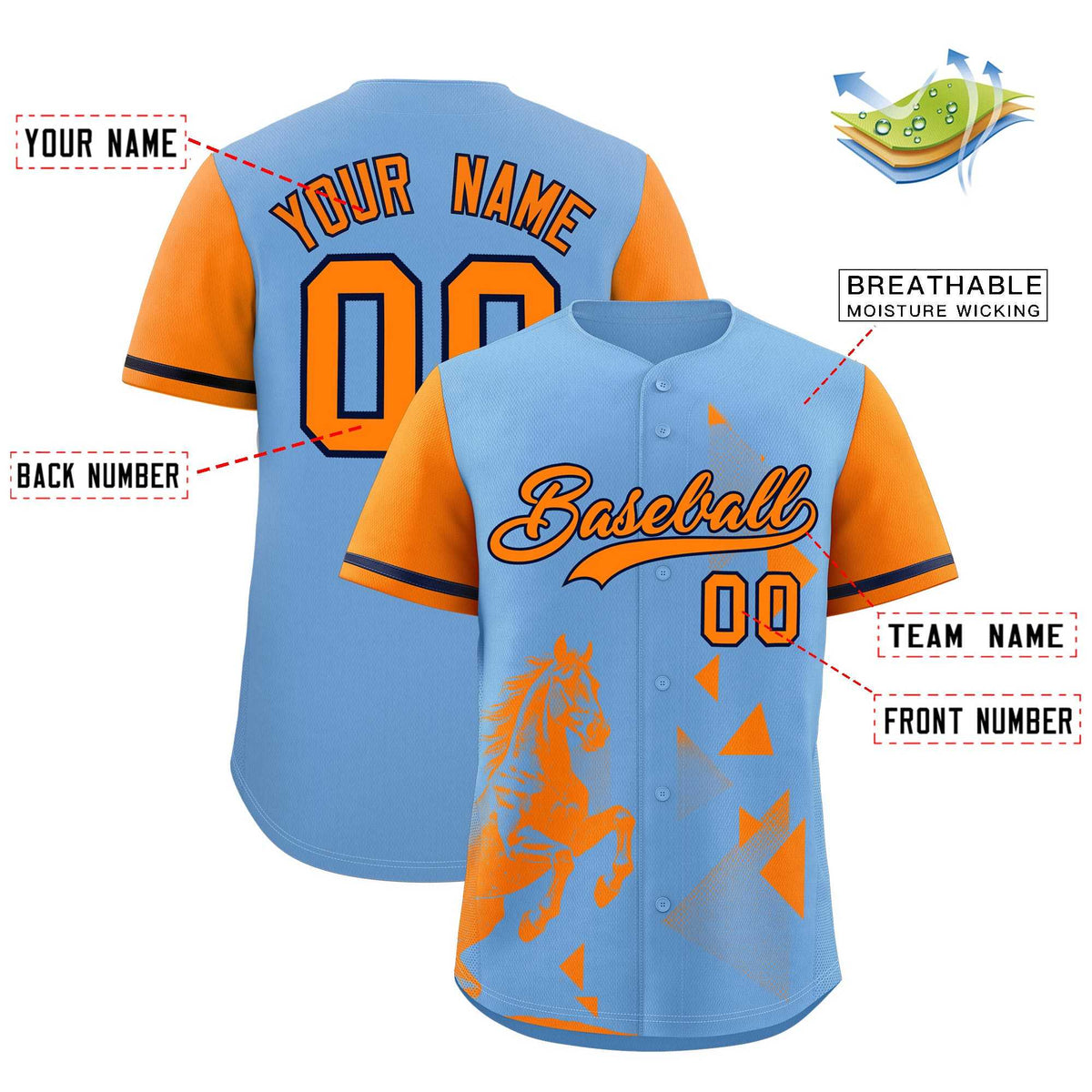 Custom Orange Powder Blue Raptor Series Raglan Sleeves Street Style Baseball Jersey