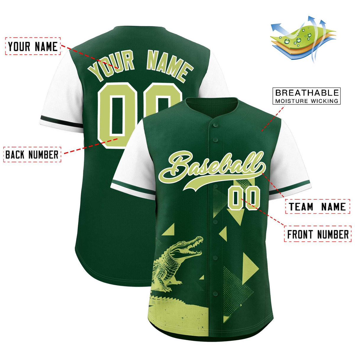 Custom White Green Raptor Series Raglan Sleeves Wrinkle-Resistant Baseball Jersey