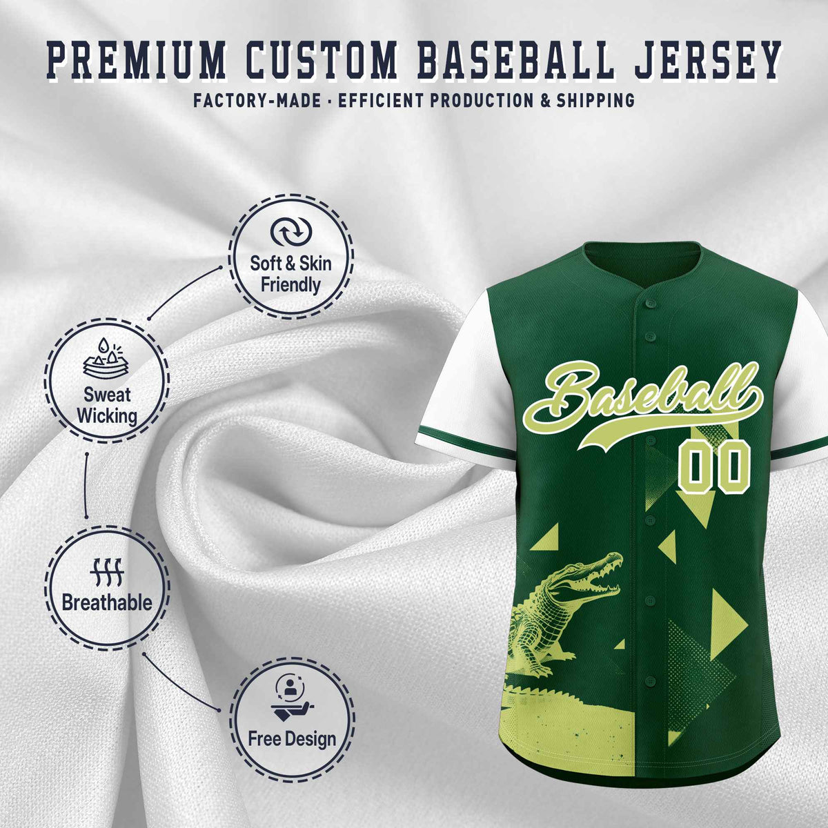 Custom White Green Raptor Series Raglan Sleeves Wrinkle-Resistant Baseball Jersey