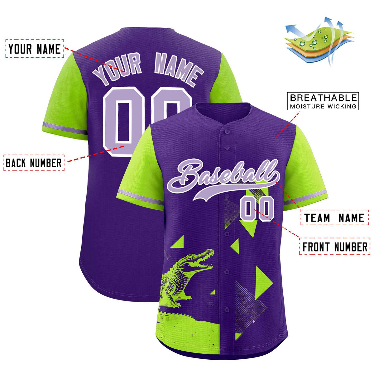 Custom Neon Green Purple Raptor Series Raglan Sleeves Hip Hop Baseball Jersey