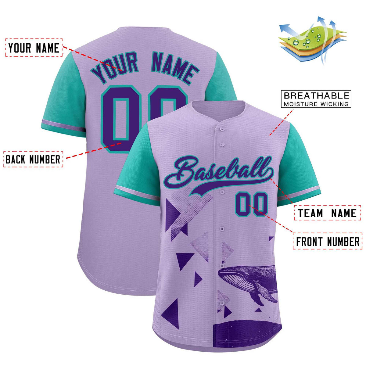 Custom Aqua Light Purple Raptor Series Raglan Sleeves Lightweight Baseball Jersey