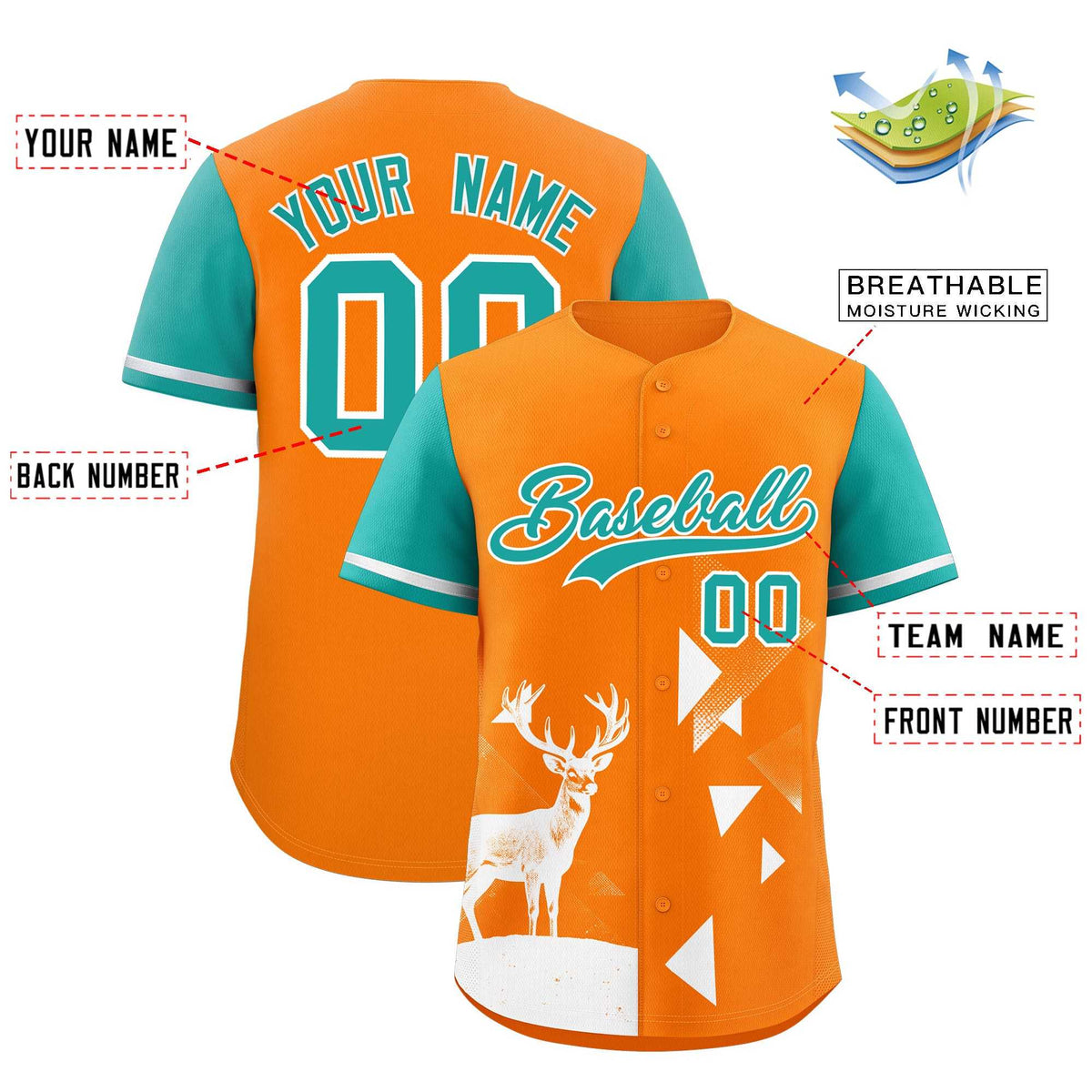 Custom Aqua Orange Raptor Series Raglan Sleeves Breathable Baseball Jersey