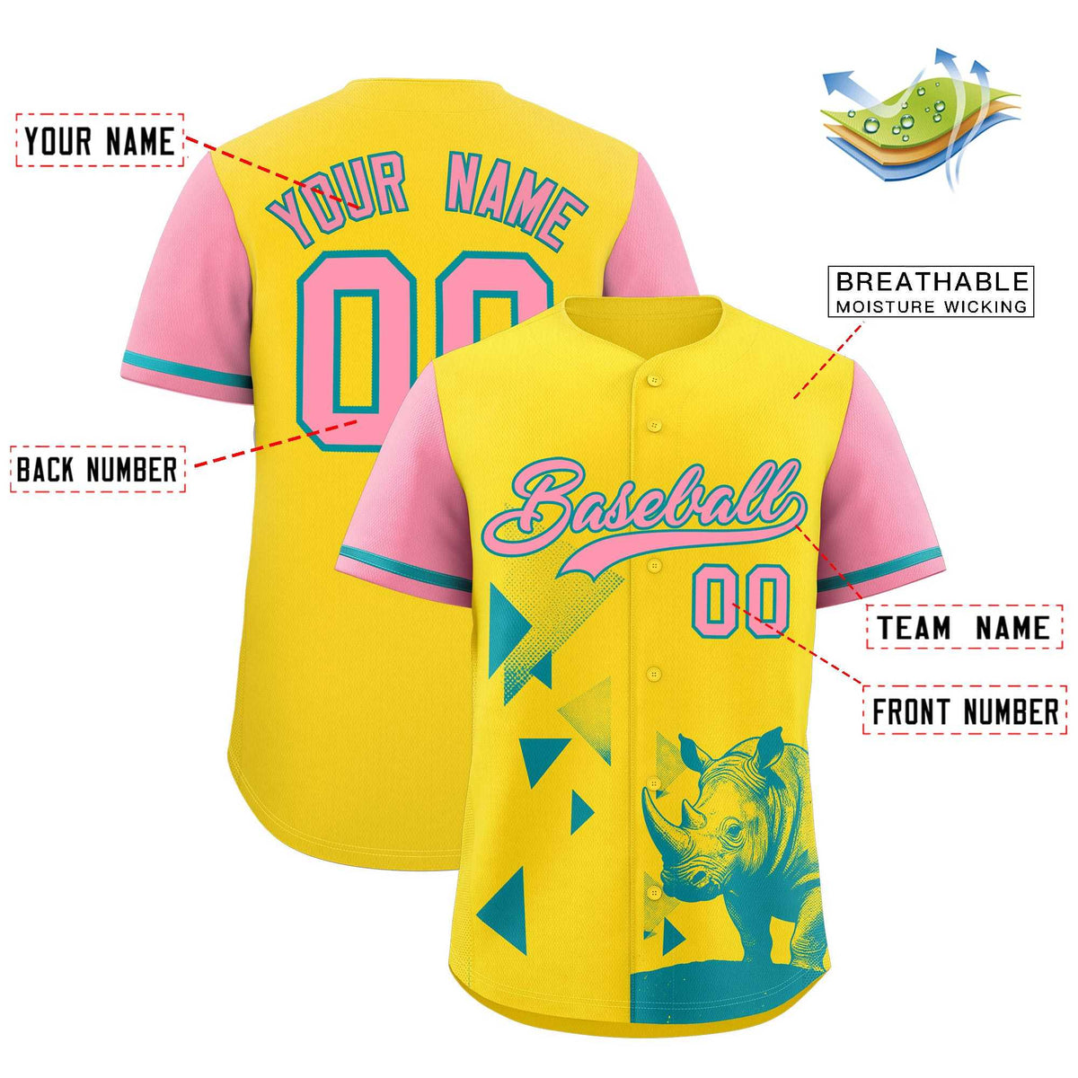 Custom Light Pink Yellow Raptor Series Raglan Sleeves Lightweight Baseball Jersey