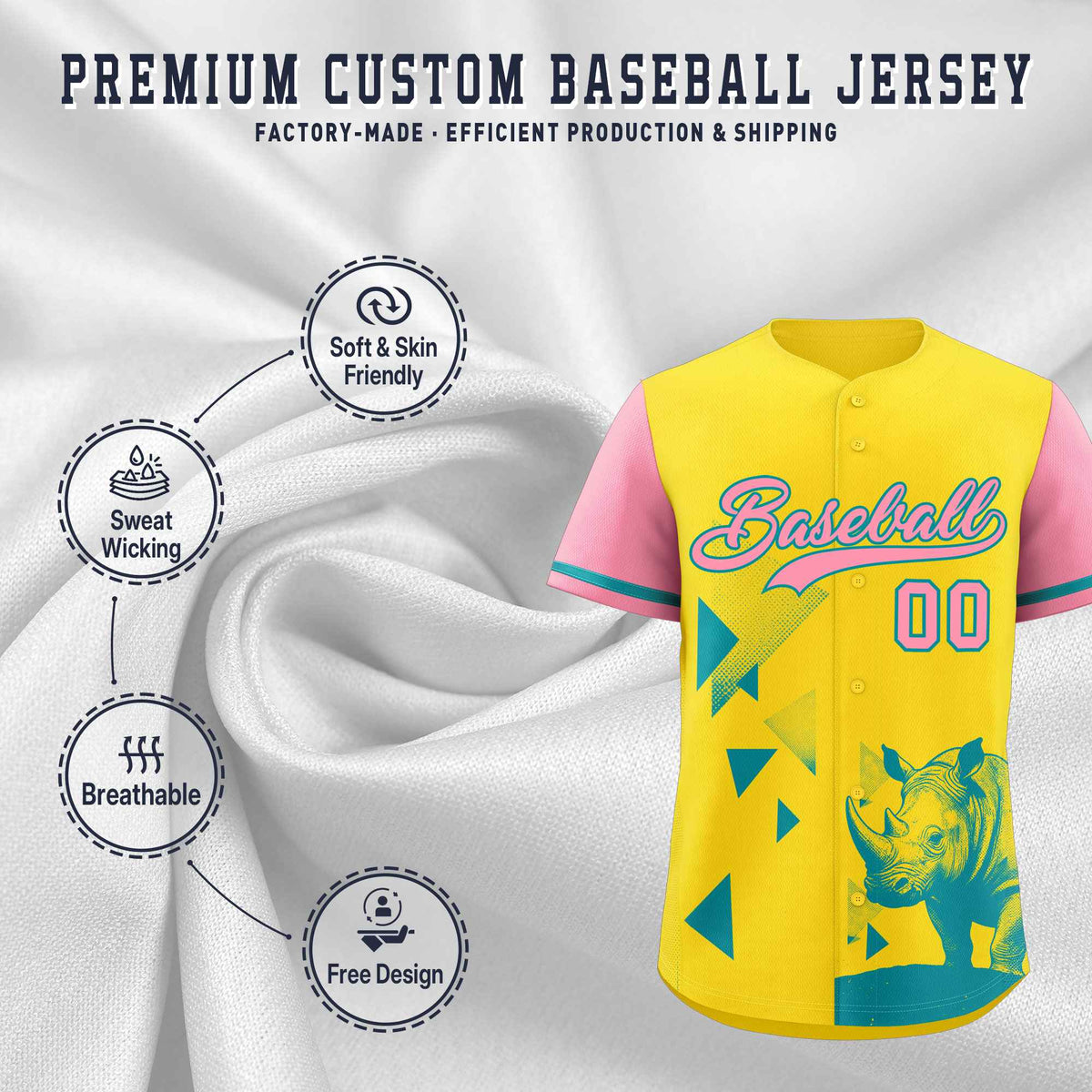 Custom Light Pink Yellow Raptor Series Raglan Sleeves Lightweight Baseball Jersey