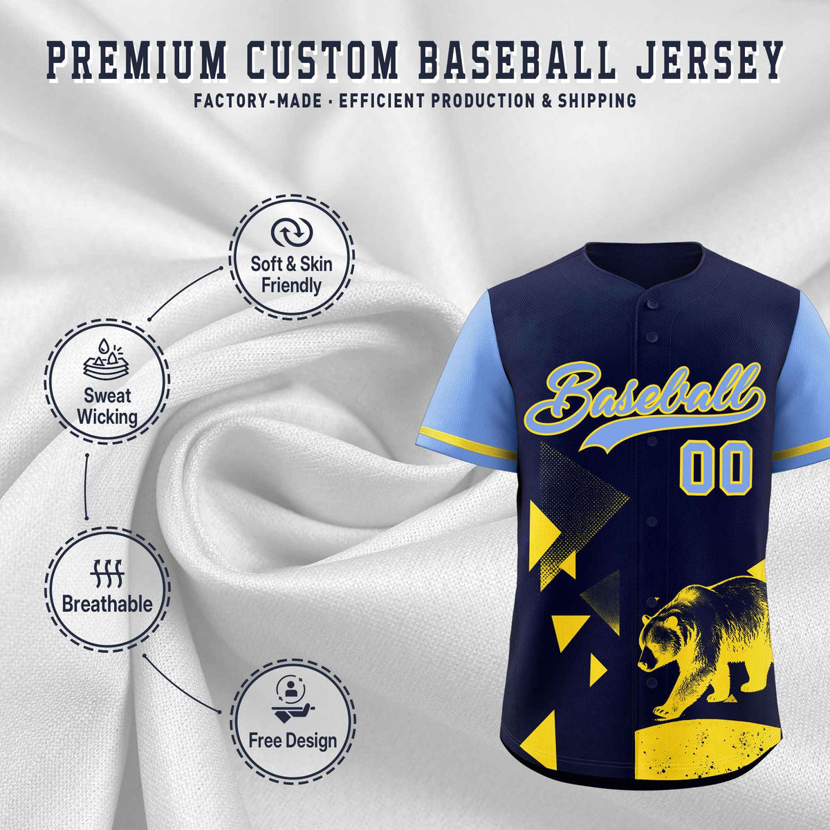 Custom Light Blue Midnight Blue Raptor Series Raglan Sleeves Lightweight Baseball Jersey