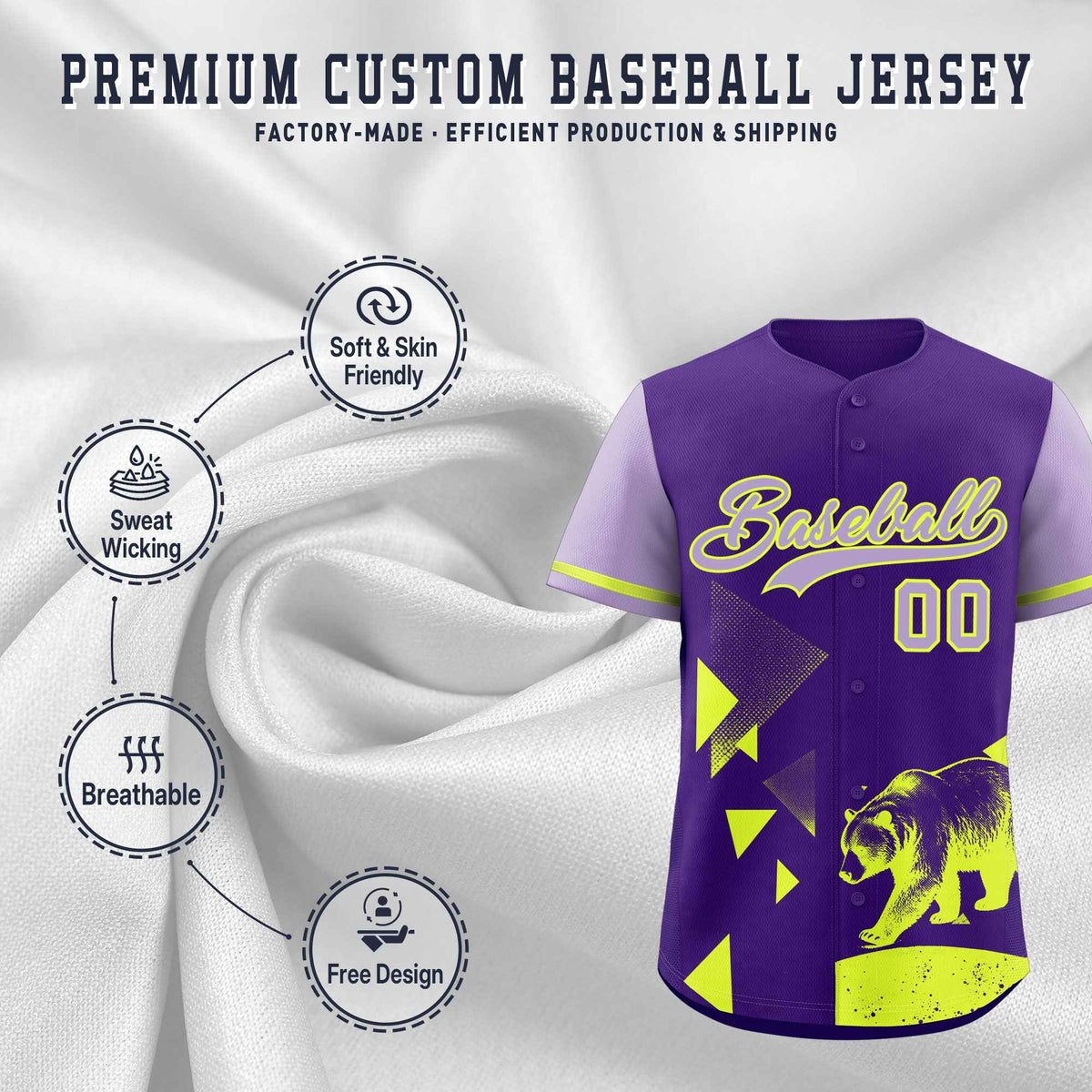 Custom Light Purple Purple Raptor Series Raglan Sleeves Wrinkle-Resistant Baseball Jersey