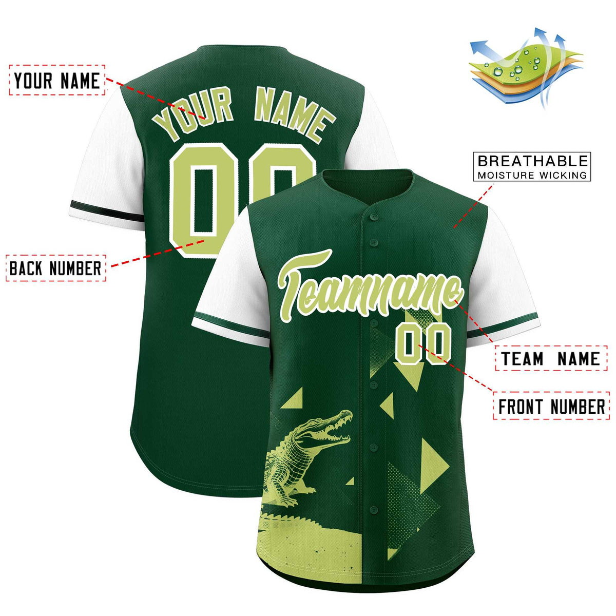 Custom White Green Raptor Series Raglan Sleeves Wrinkle-Resistant Baseball Jersey
