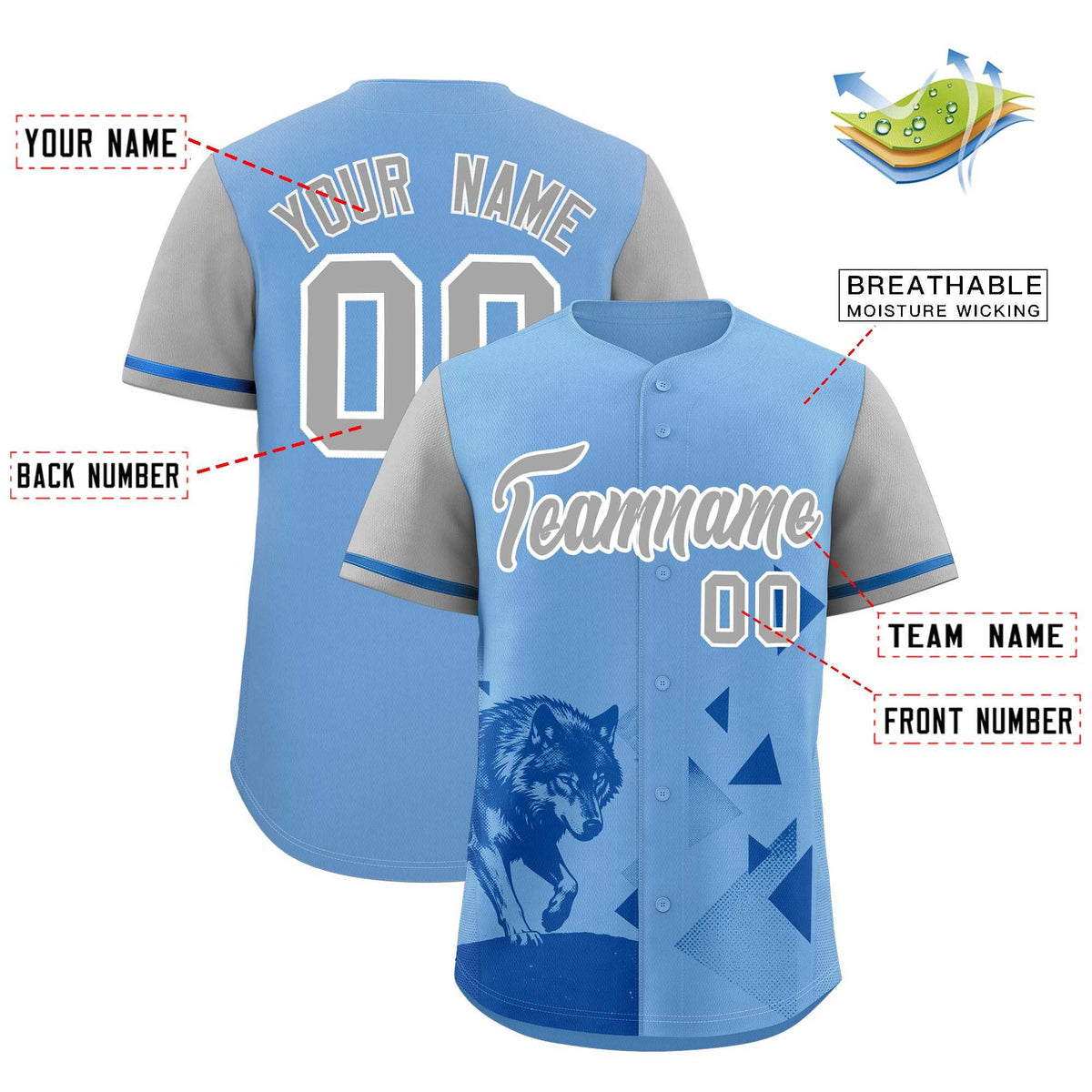 Custom Gray Powder Blue Raptor Series Raglan Sleeves Breathable Baseball Jersey