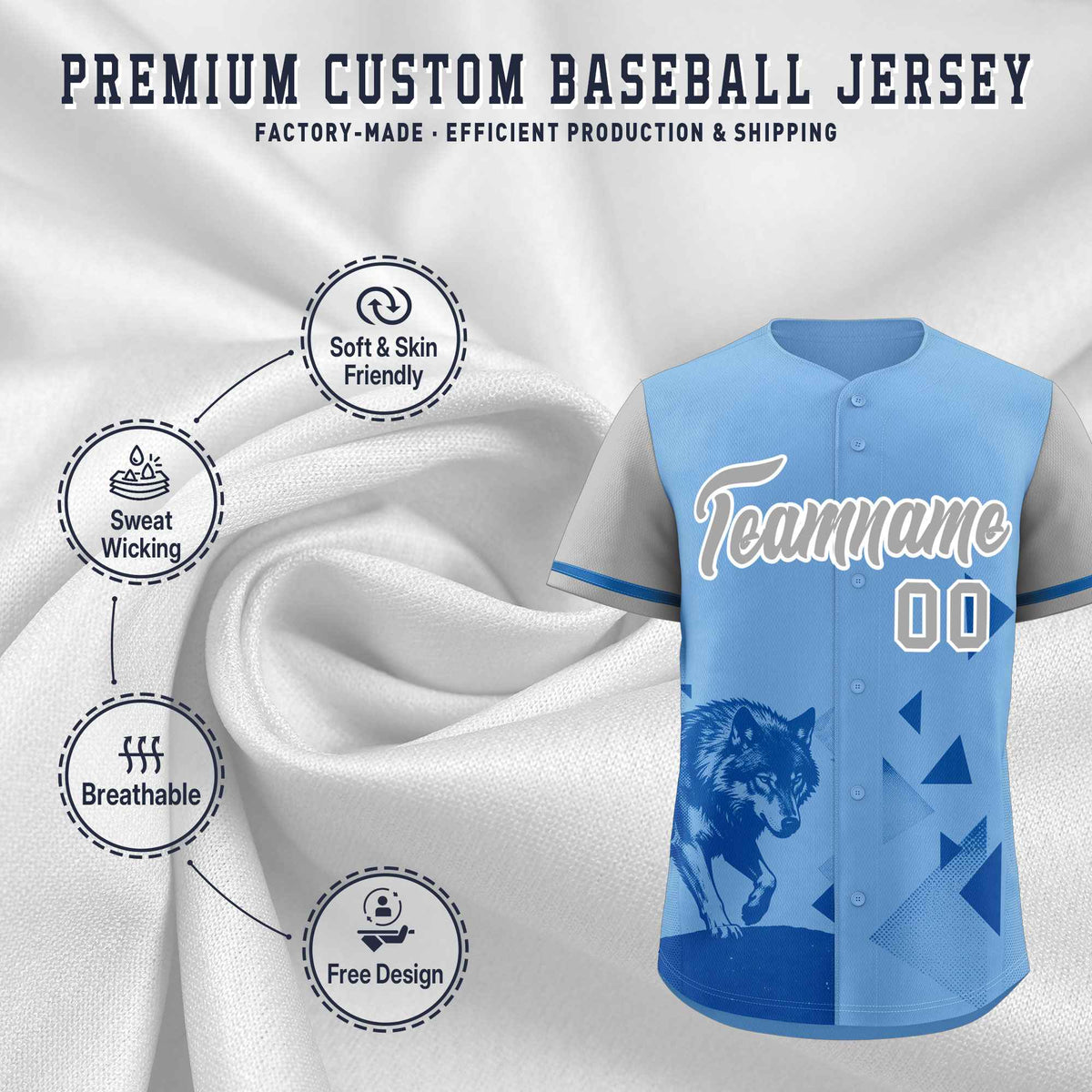 Custom Gray Powder Blue Raptor Series Raglan Sleeves Breathable Baseball Jersey