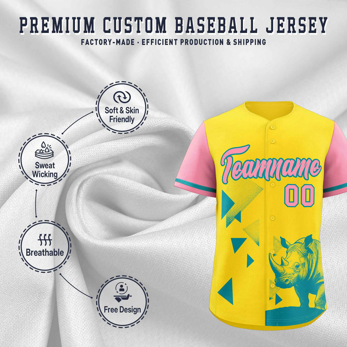 Custom Light Pink Yellow Raptor Series Raglan Sleeves Lightweight Baseball Jersey