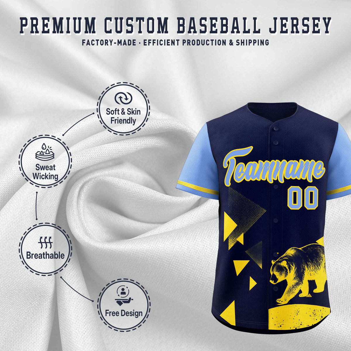 Custom Light Blue Midnight Blue Raptor Series Raglan Sleeves Lightweight Baseball Jersey