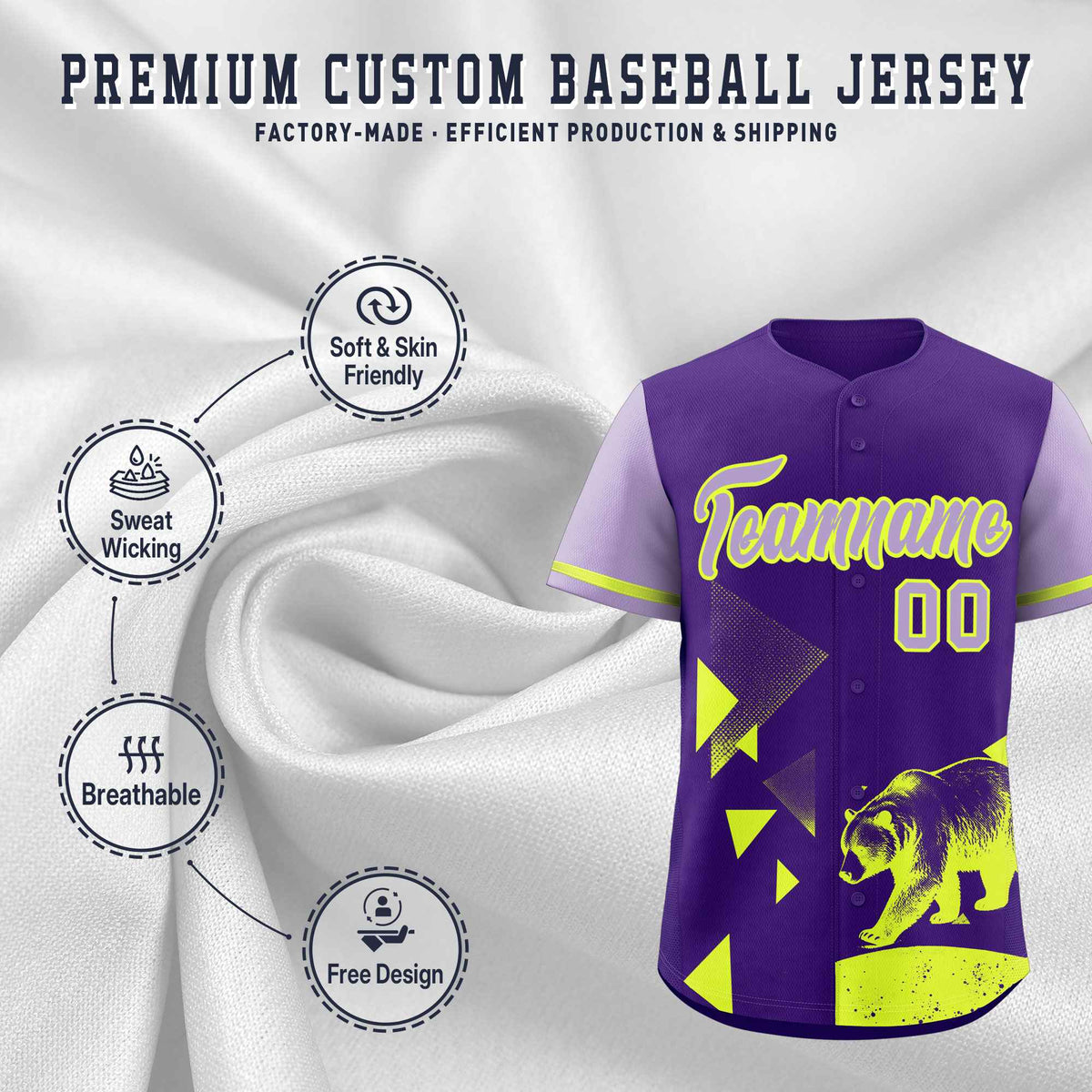Custom Light Purple Purple Raptor Series Raglan Sleeves Wrinkle-Resistant Baseball Jersey