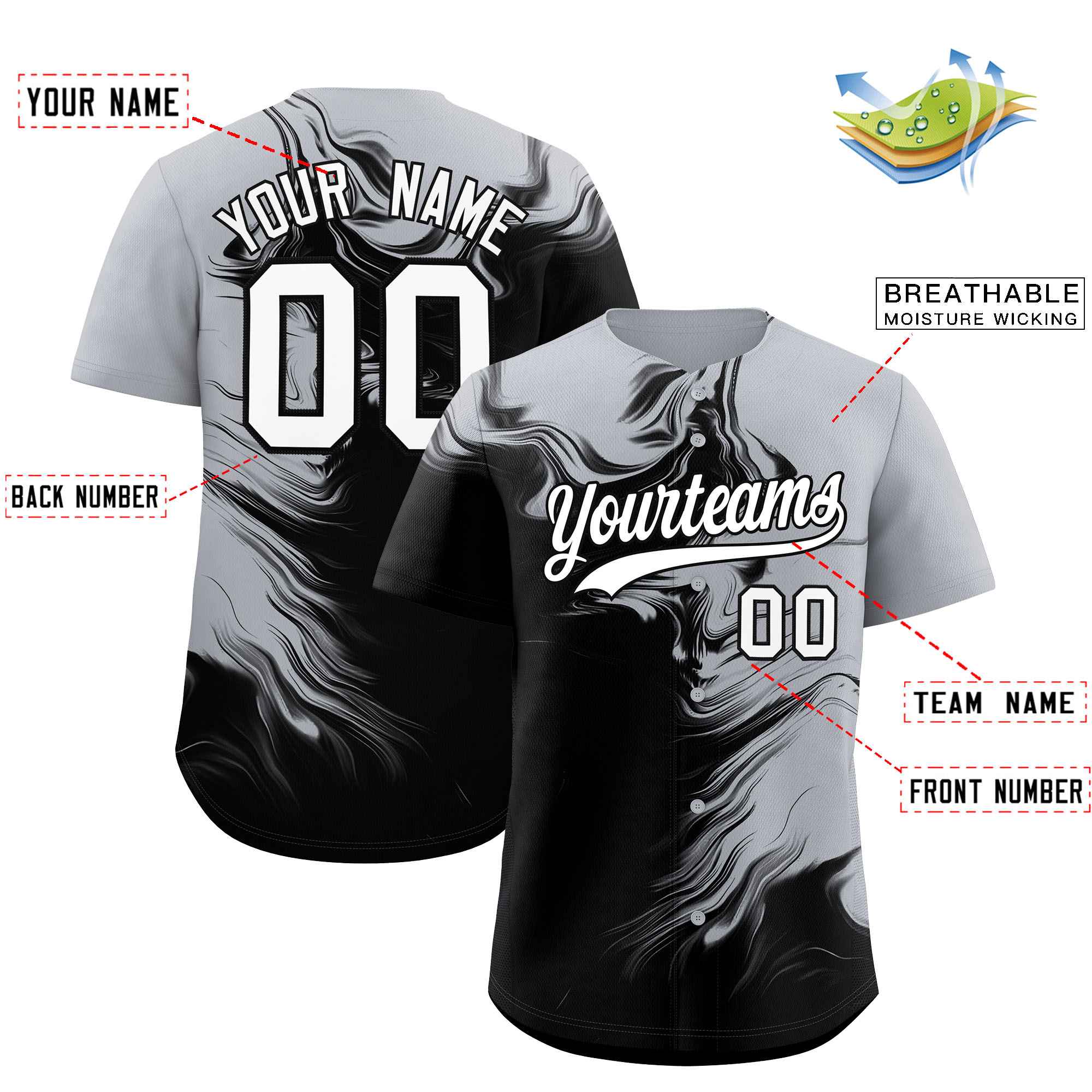 Custom Gray Black Personalized Ink Pattern Authentic Baseball Jersey| KXKSHOP