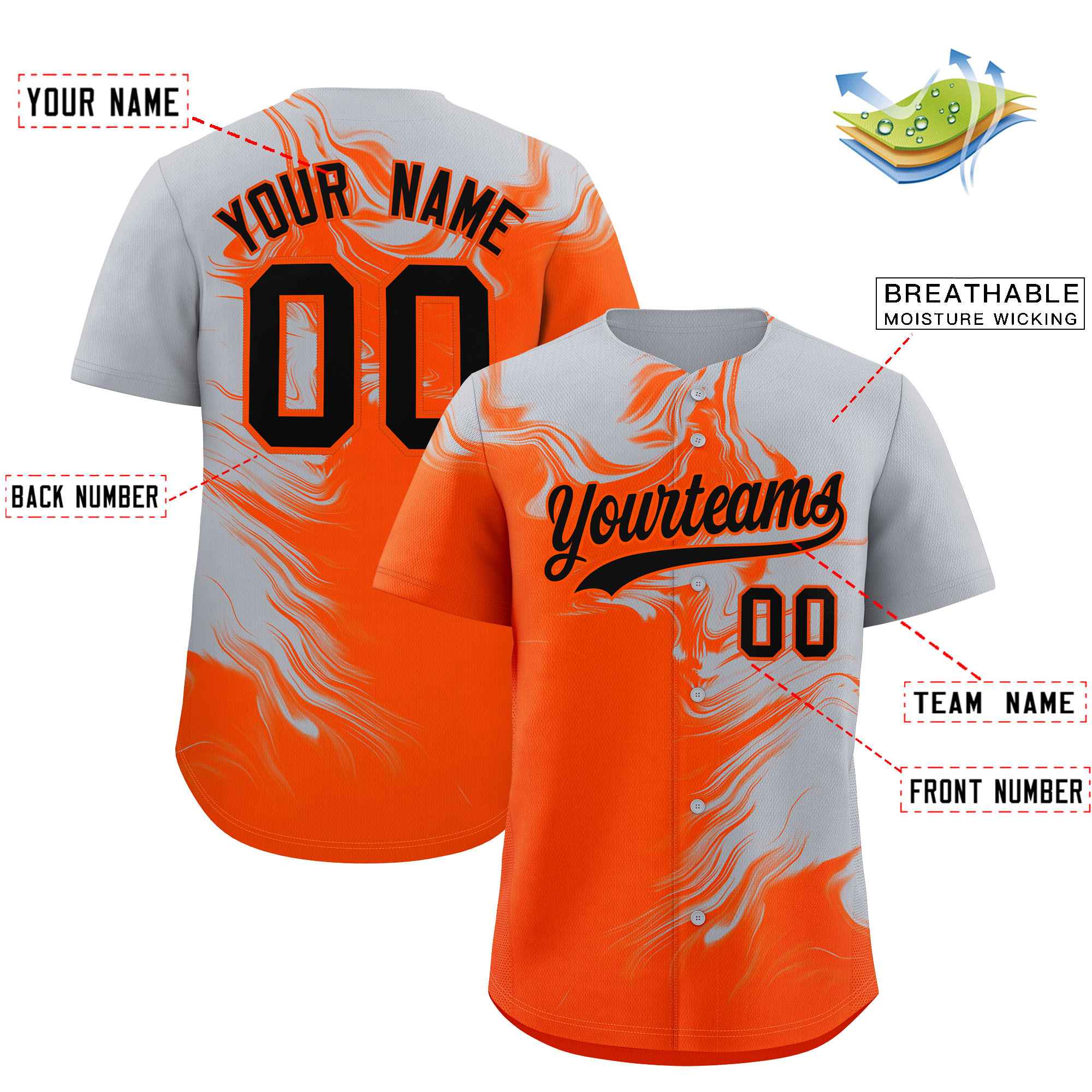 Custom Gray Orange Personalized Ink Pattern Authentic Baseball Jersey| KXKSHOP