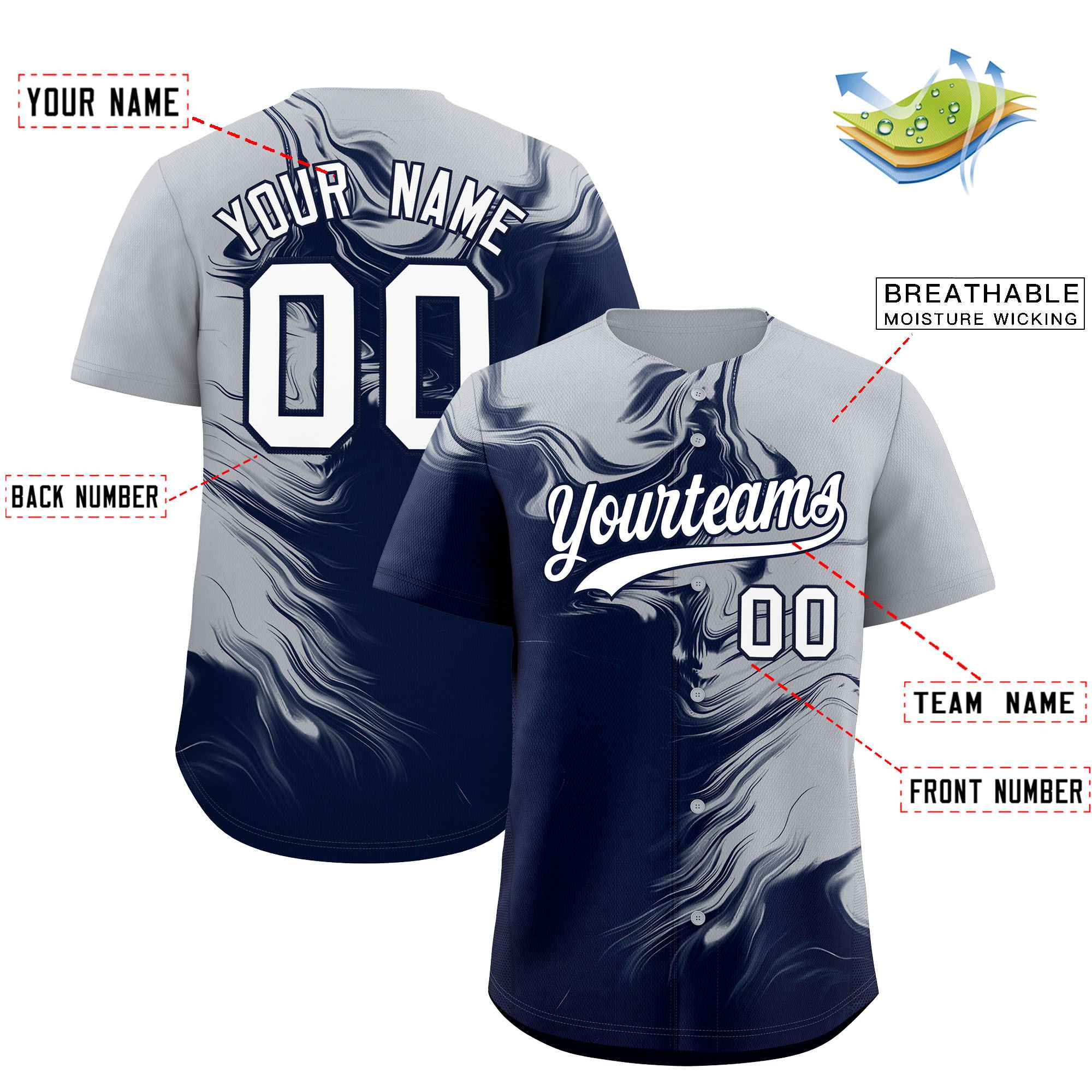 Custom Gray Navy Personalized Ink Pattern Authentic Baseball Jersey| KXKSHOP