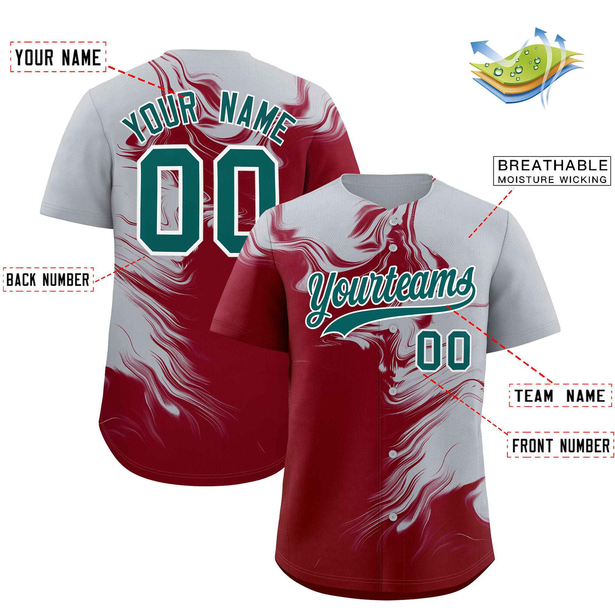 Custom Gray Crimson Personalized Ink Pattern Authentic Baseball Jersey| KXKSHOP