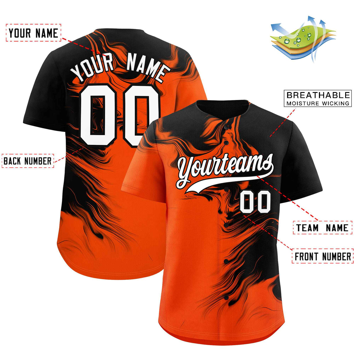 Custom Black Orange Personalized Ink Pattern Authentic Baseball Jersey| KXKSHOP