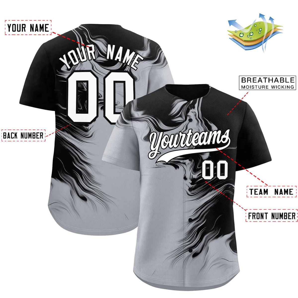 Custom Black Gray Personalized Ink Pattern Authentic Baseball Jersey| KXKSHOP