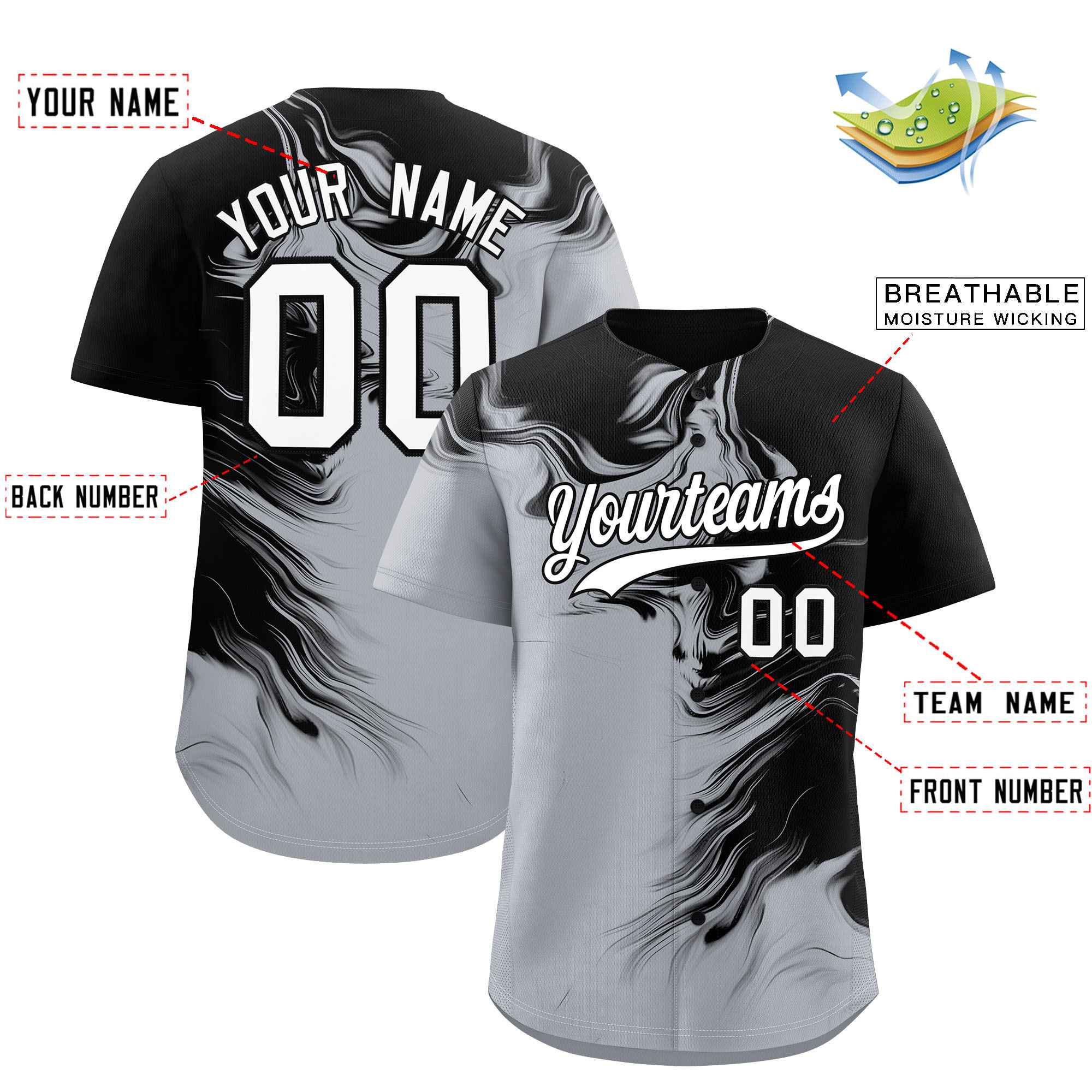 Custom Black Gray Personalized Ink Pattern Authentic Baseball Jersey| KXKSHOP