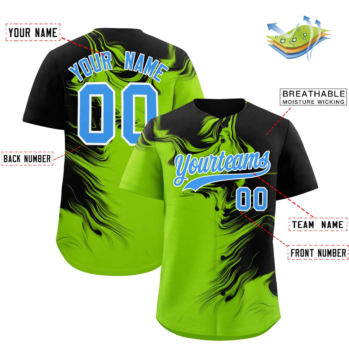 Custom Black Neon Green Personalized Ink Pattern Authentic Baseball Jersey| KXKSHOP