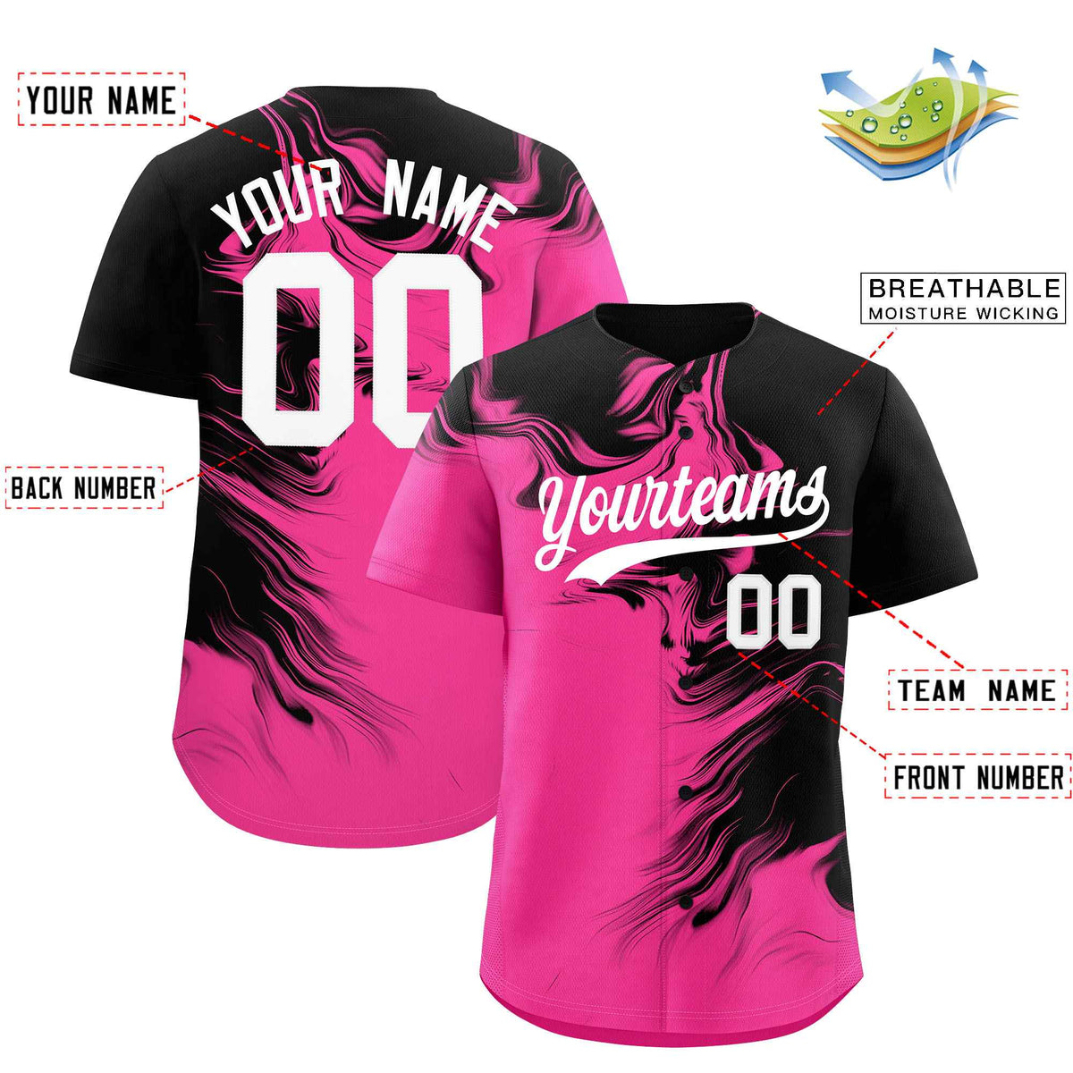 Custom Black Pink Personalized Ink Pattern Authentic Baseball Jersey| KXKSHOP