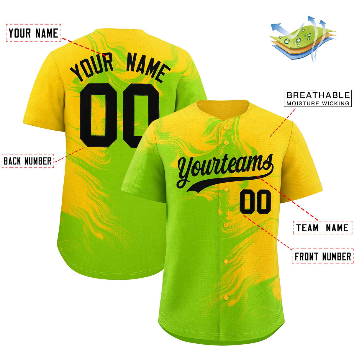 Custom Gold Neon Green Personalized Ink Pattern Authentic Baseball Jersey| KXKSHOP