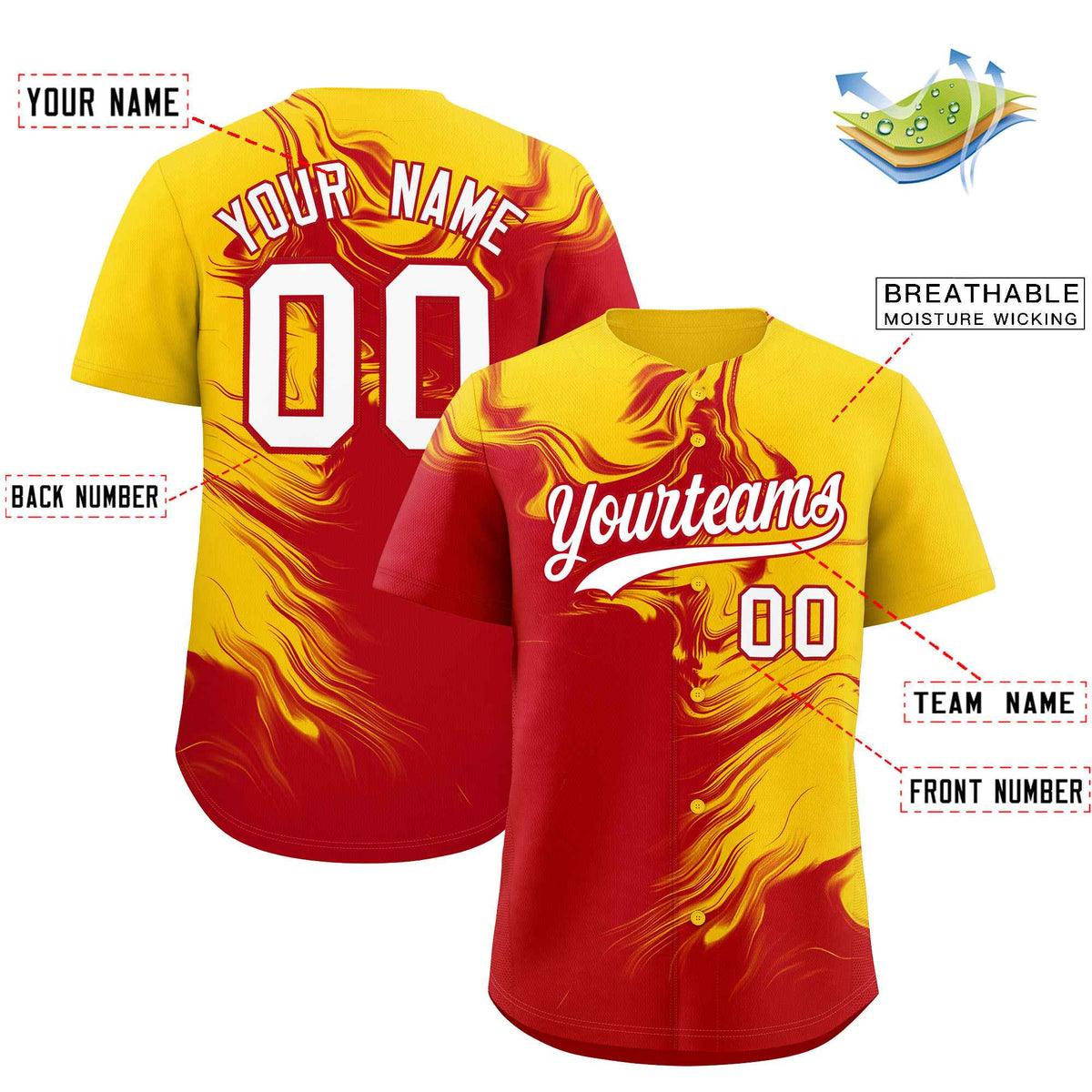 Custom Gold Red Personalized Ink Pattern Authentic Baseball Jersey| KXKSHOP