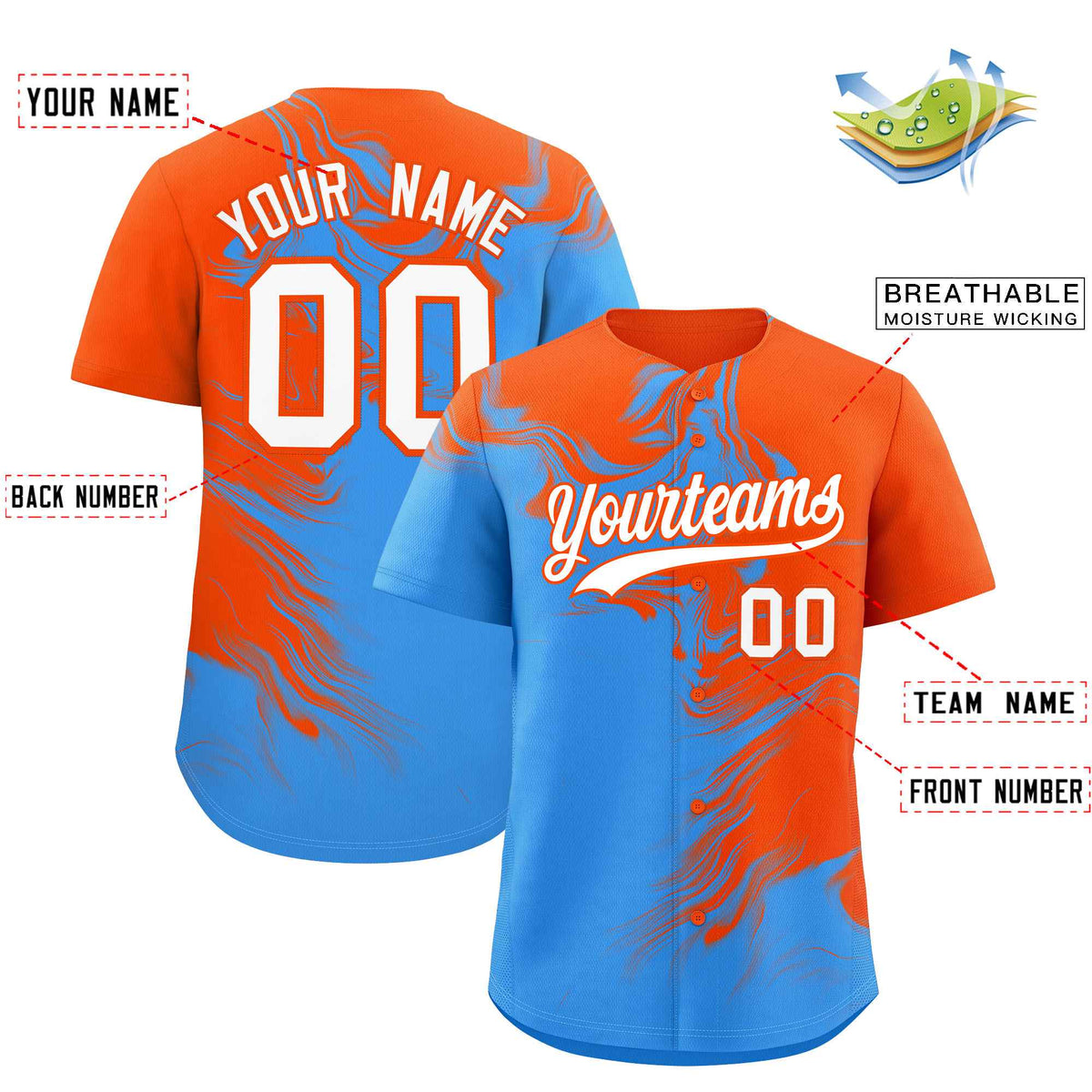Custom Orange Powder Blue Personalized Ink Pattern Authentic Baseball Jersey| KXKSHOP