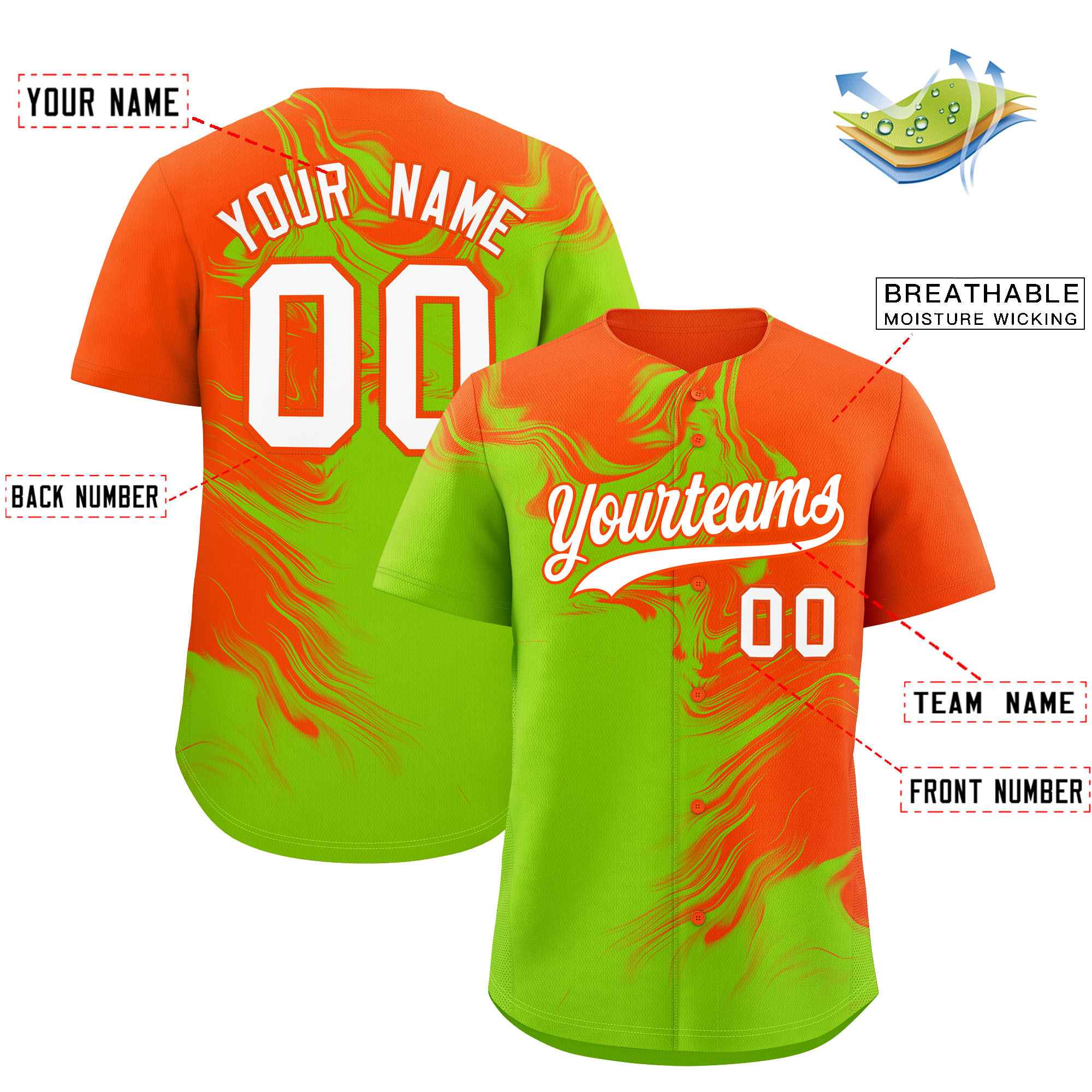 Custom Orange Neon Green Personalized Ink Pattern Authentic Baseball Jersey| KXKSHOP