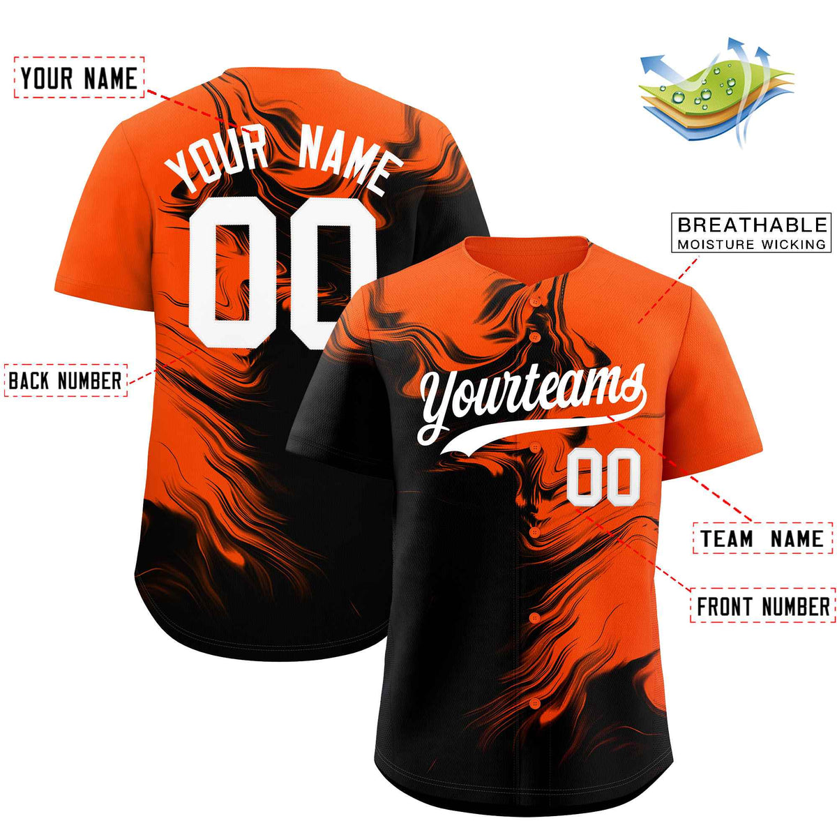 Custom Orange Black Personalized Ink Pattern Authentic Baseball Jersey| KXKSHOP