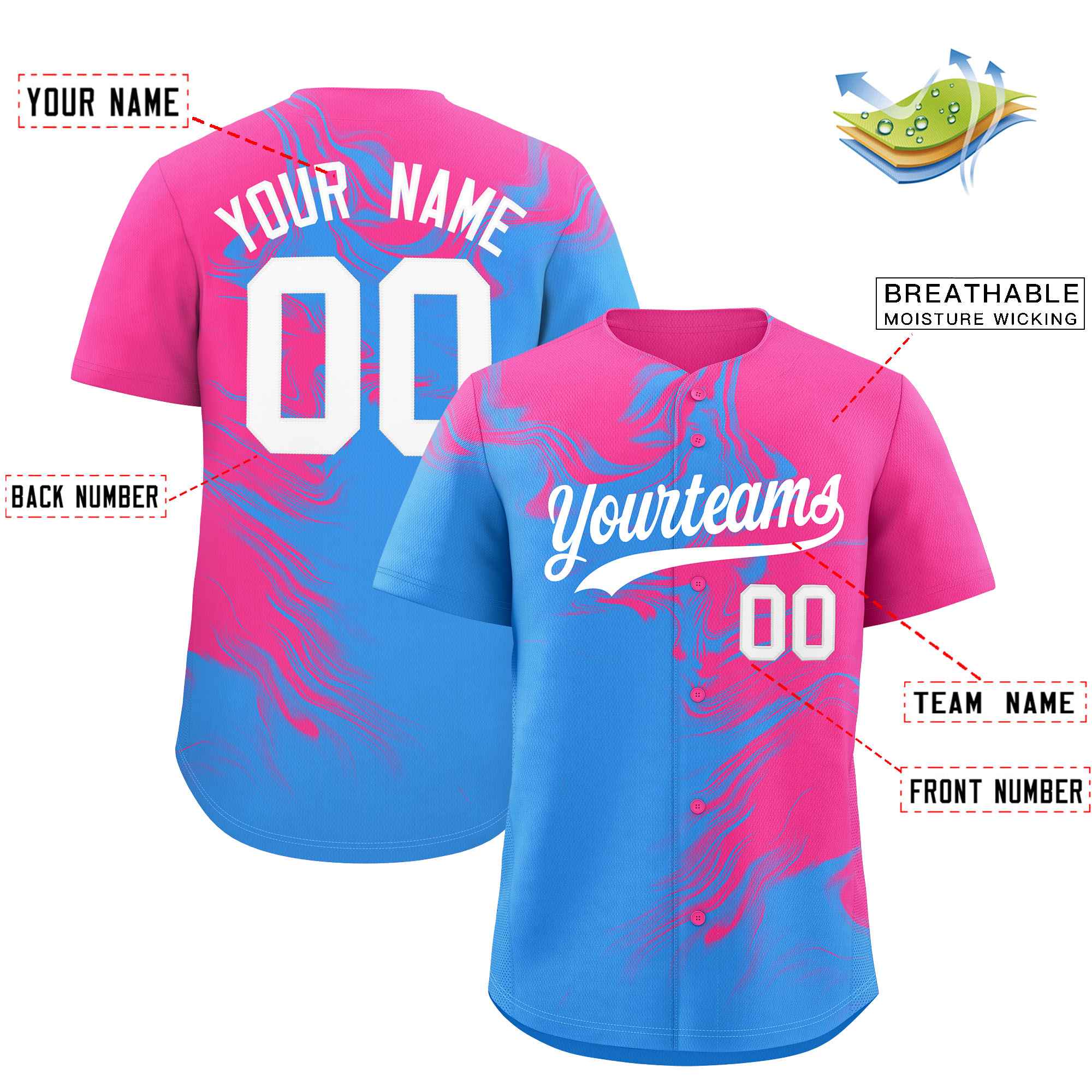 Custom Pink Powder Blue Personalized Ink Pattern Authentic Baseball Jersey| KXKSHOP