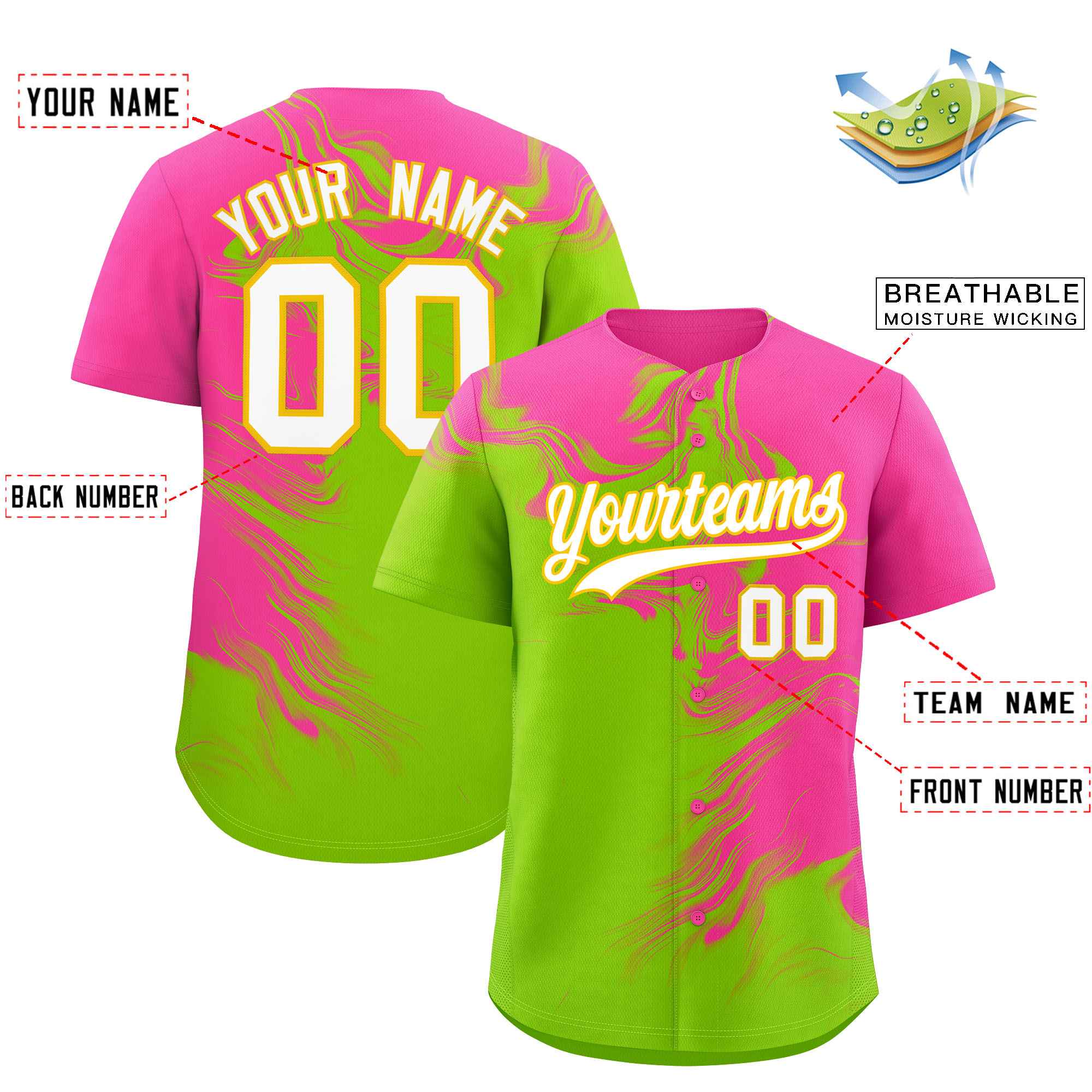 Custom Pink Neon Green Personalized Ink Pattern Authentic Baseball Jersey| KXKSHOP