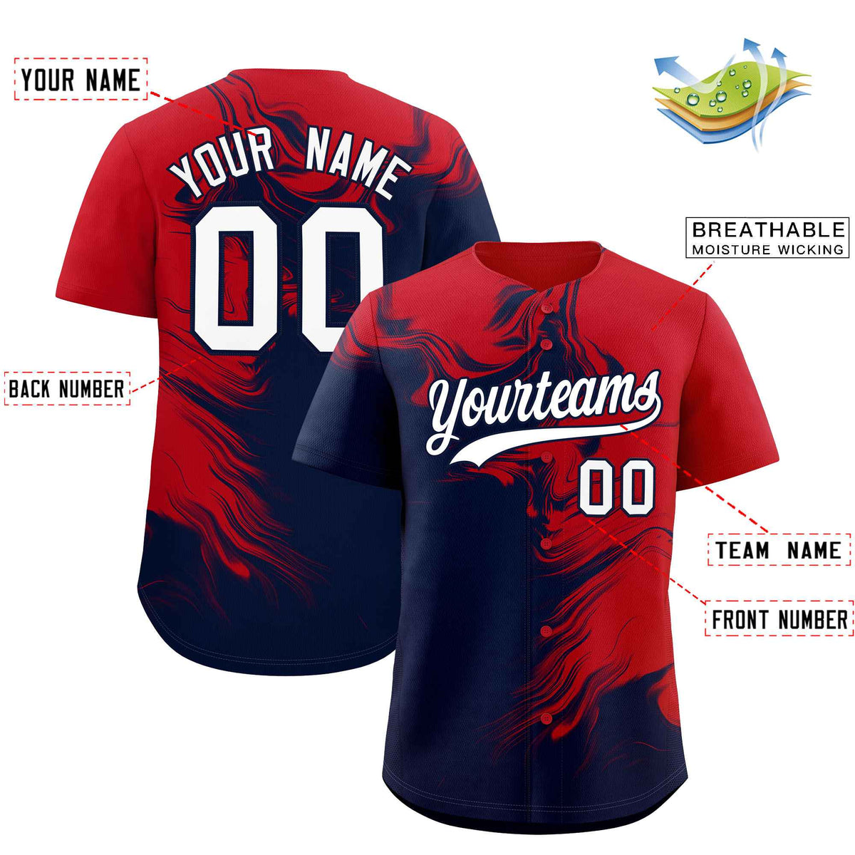Custom Red Navy Personalized Ink Pattern Authentic Baseball Jersey| KXKSHOP