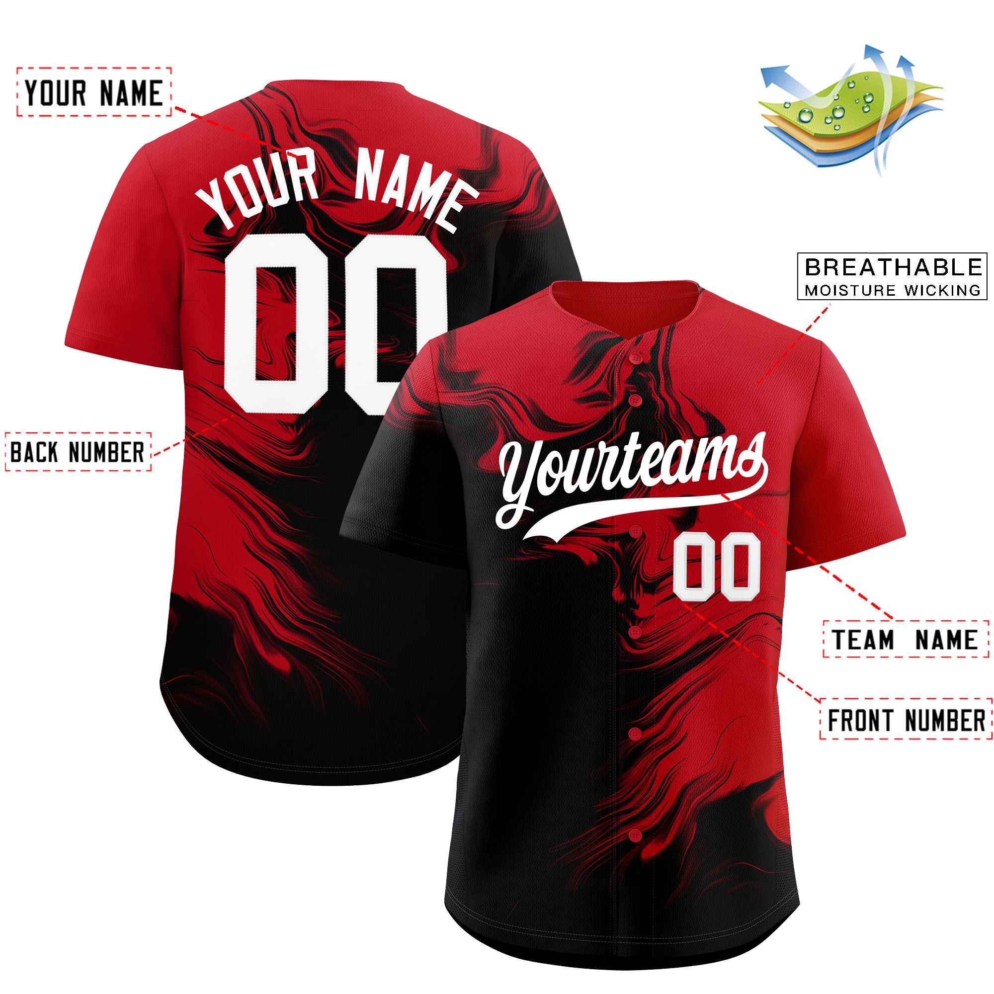 Custom Red Black Personalized Ink Pattern Authentic Baseball Jersey| KXKSHOP