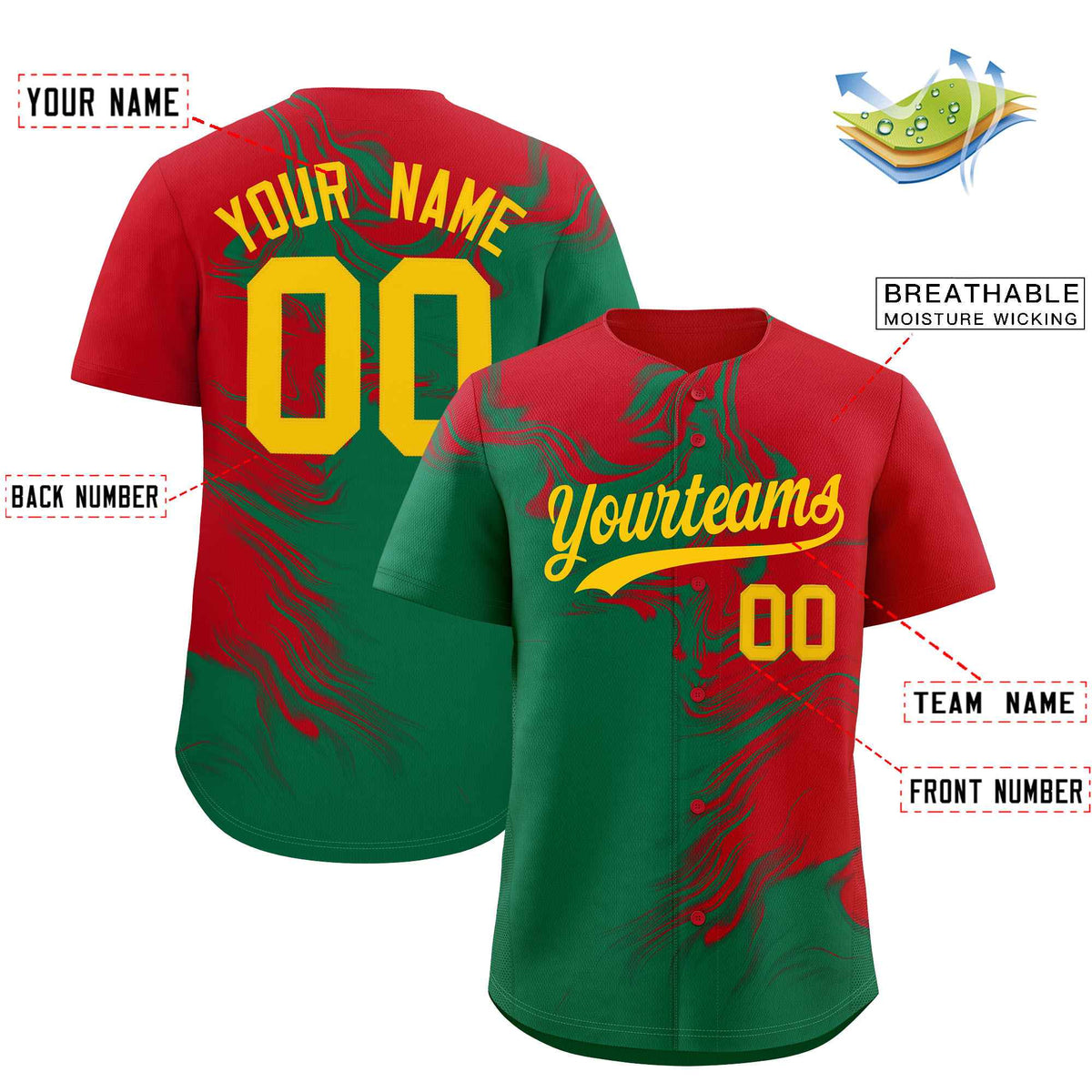 Custom Red Kelly Green Personalized Ink Pattern Authentic Baseball Jersey| KXKSHOP