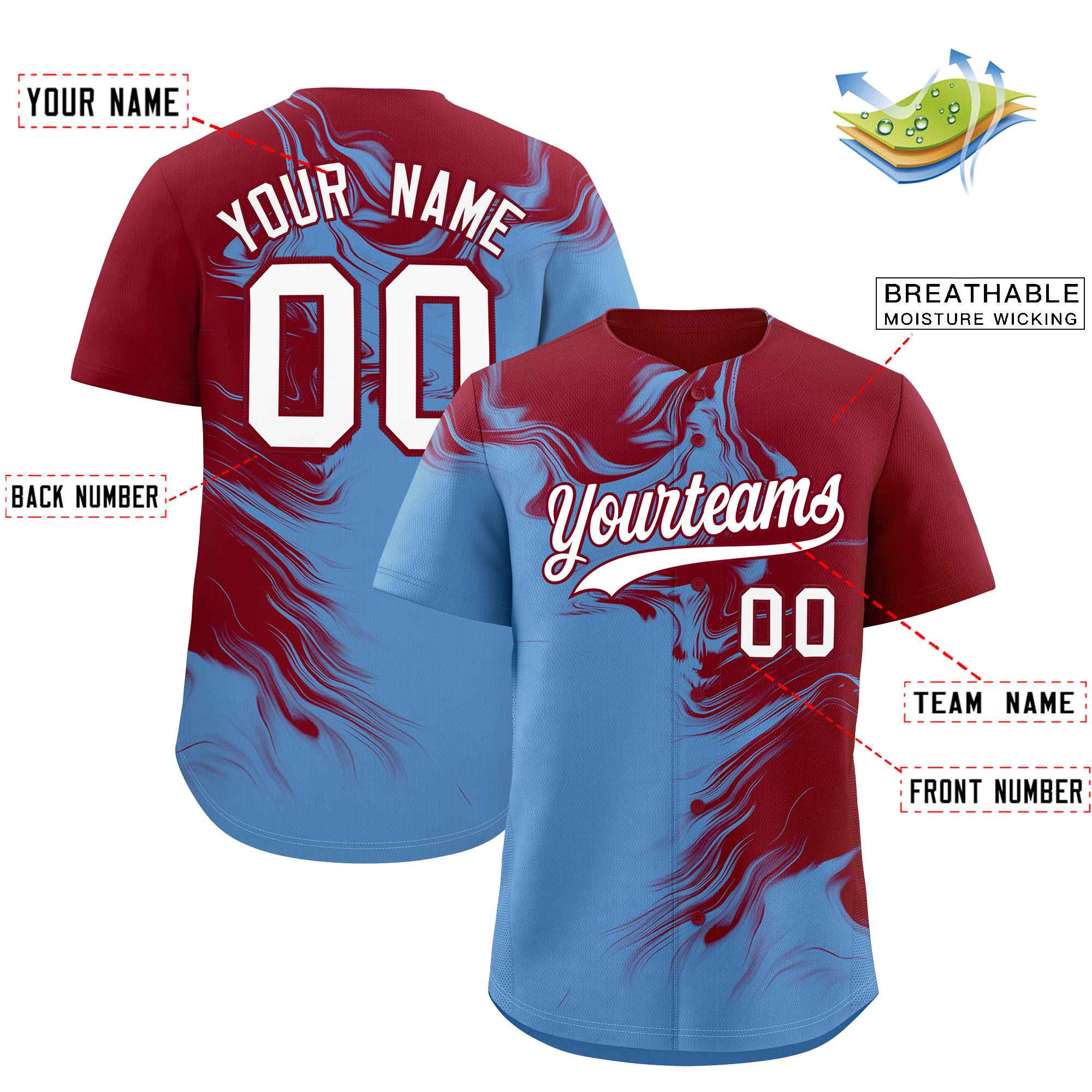 Custom Crimson Powder Blue Personalized Ink Pattern Authentic Baseball Jersey| KXKSHOP