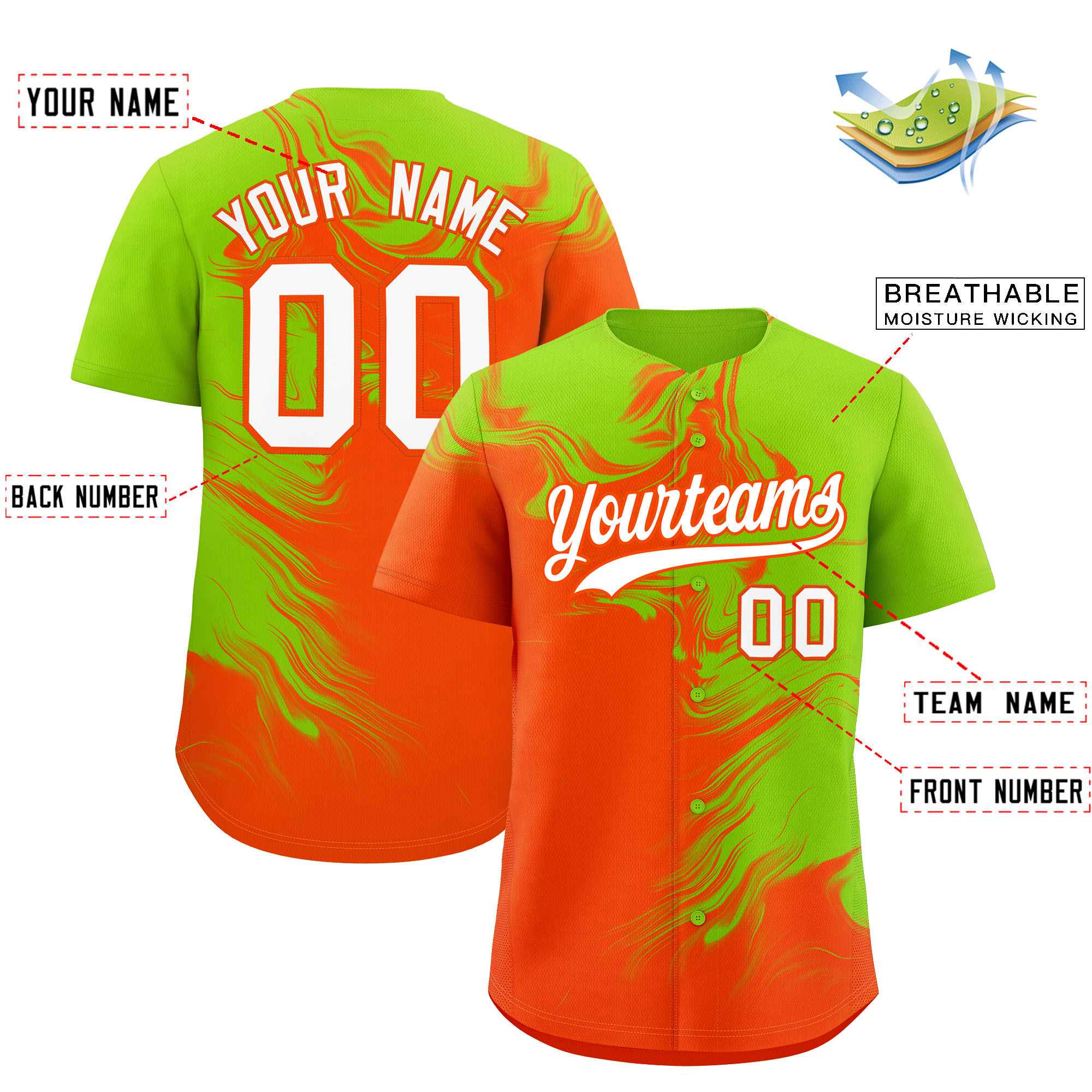 Custom Neon Green Orange Personalized Ink Pattern Authentic Baseball Jersey| KXKSHOP