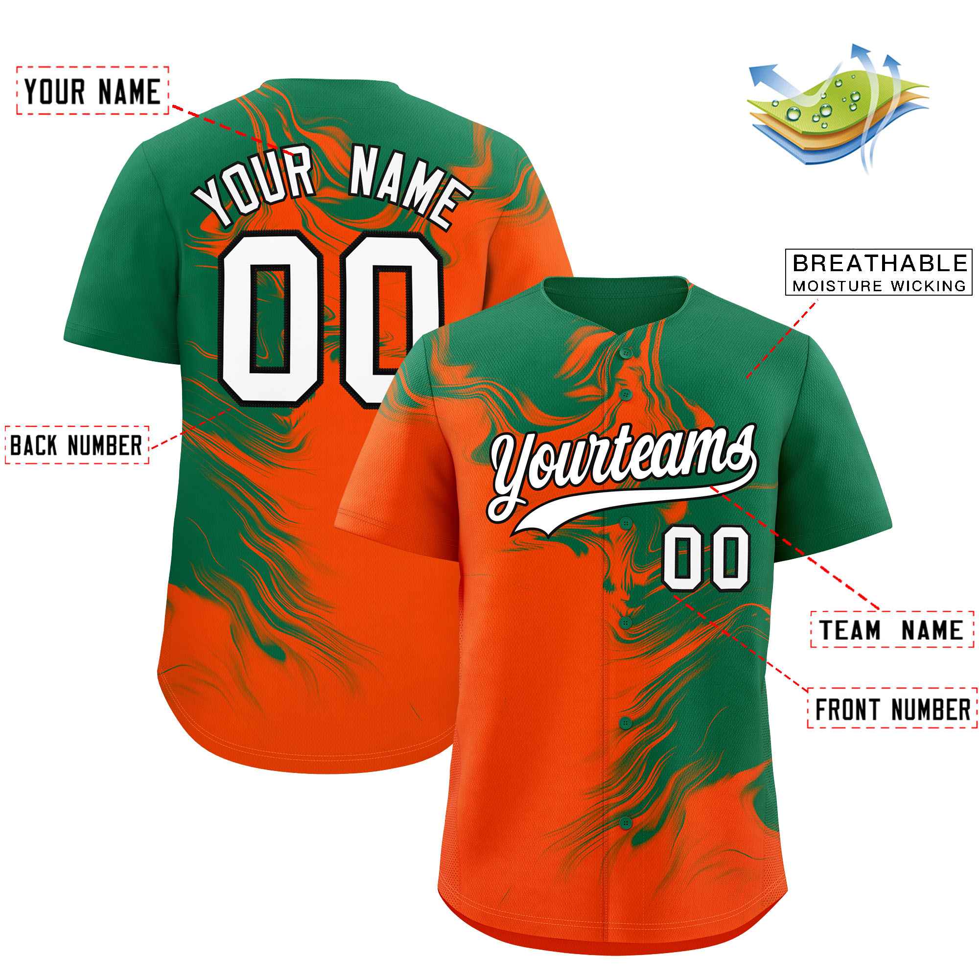 Custom Kelly Green Orange Personalized Ink Pattern Authentic Baseball Jersey| KXKSHOP