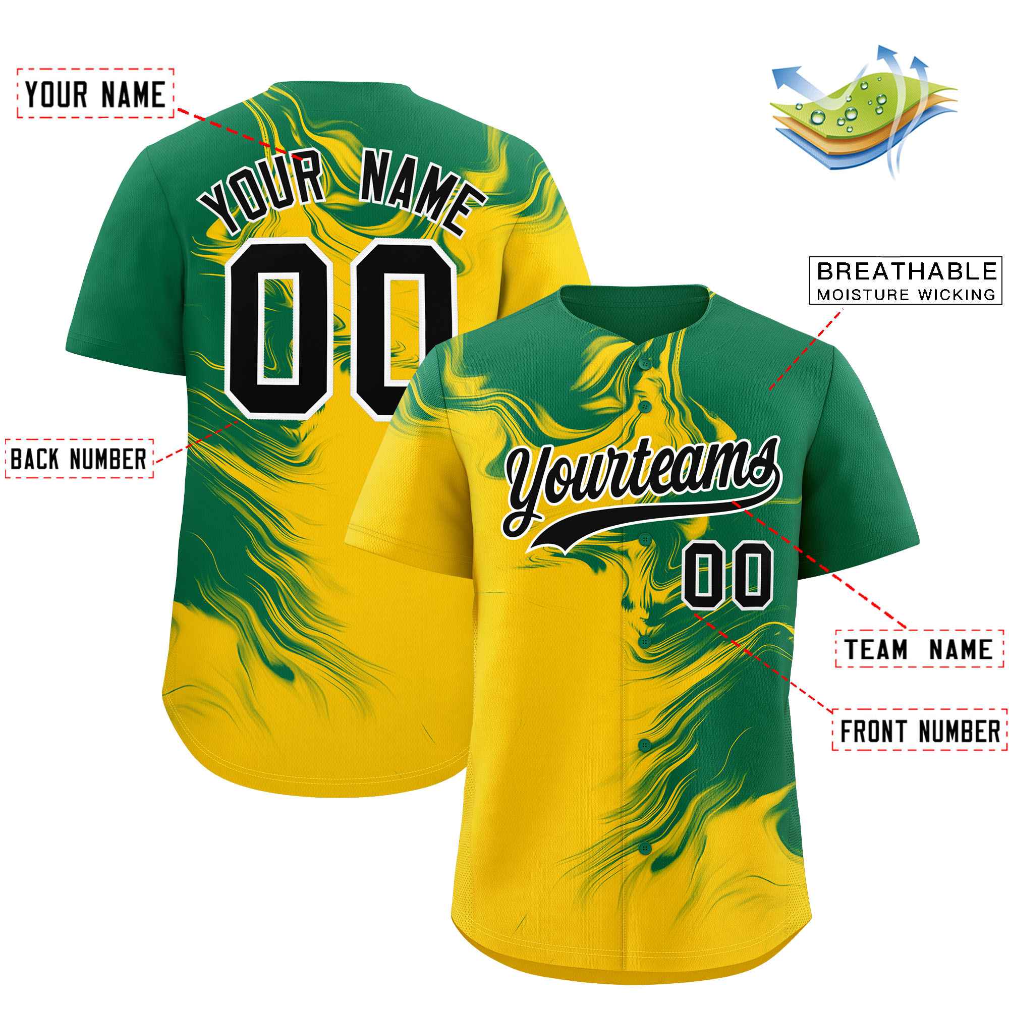 Custom Kelly Green Gold Personalized Ink Pattern Authentic Baseball Jersey| KXKSHOP
