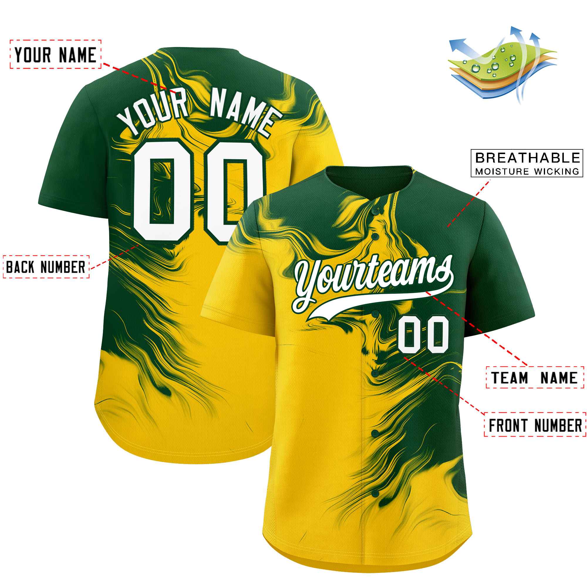 Custom Green Gold Personalized Ink Pattern Authentic Baseball Jersey| KXKSHOP