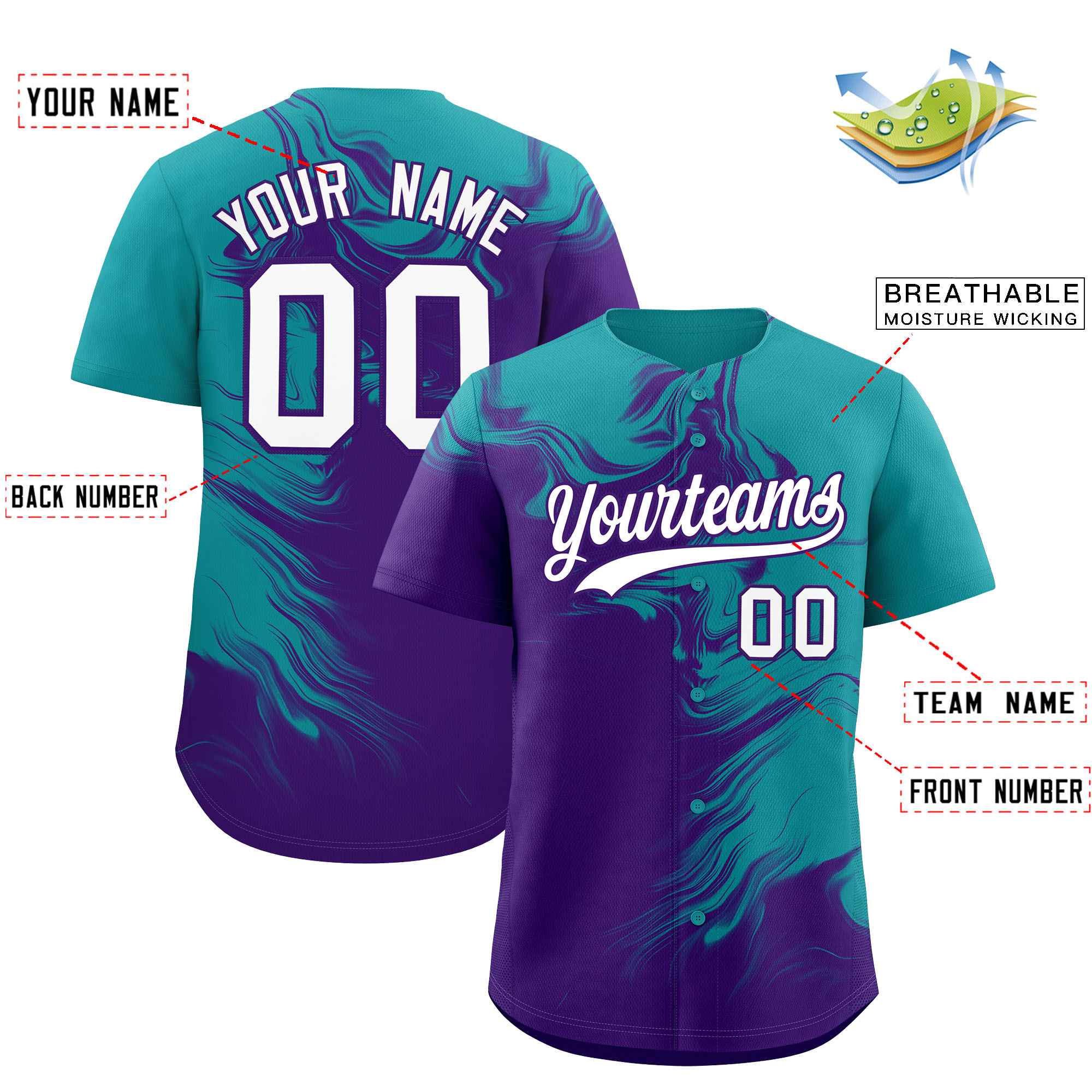 Custom Aqua Purple Personalized Ink Pattern Authentic Baseball Jersey| KXKSHOP