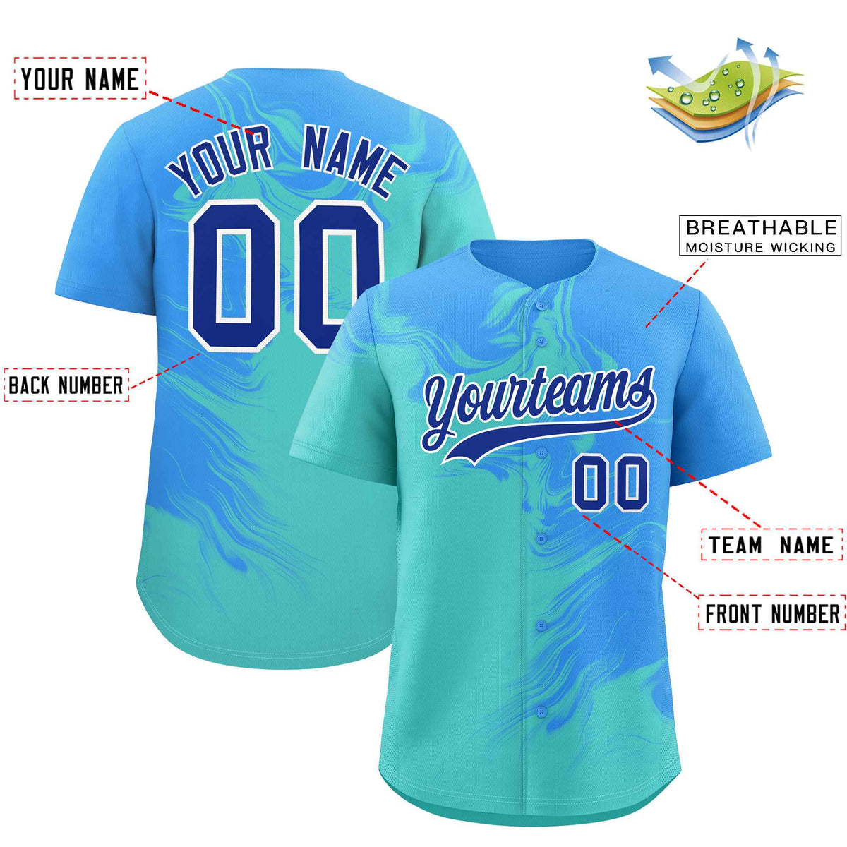 Custom Powder Blue Bright Green Personalized Ink Pattern Authentic Baseball Jersey| KXKSHOP