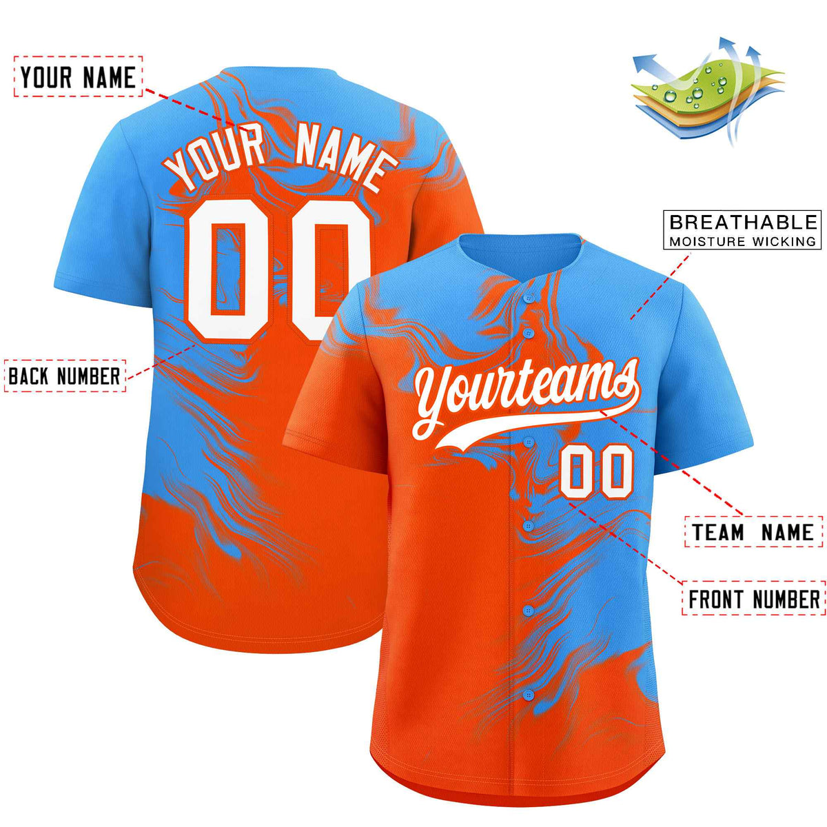 Custom Powder Blue Orange Personalized Ink Pattern Authentic Baseball Jersey| KXKSHOP