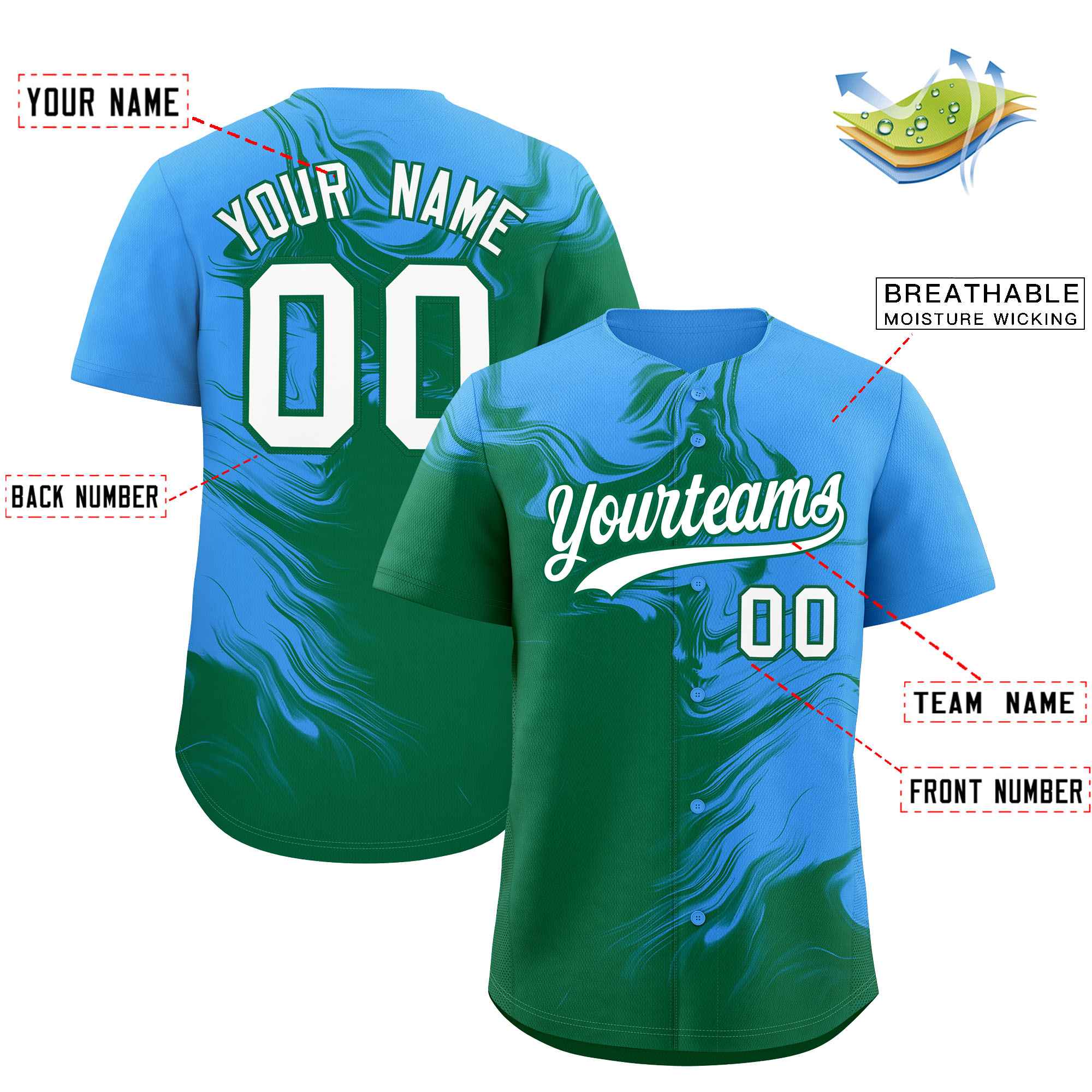 Custom Powder Blue Kelly Green Personalized Ink Pattern Authentic Baseball Jersey| KXKSHOP