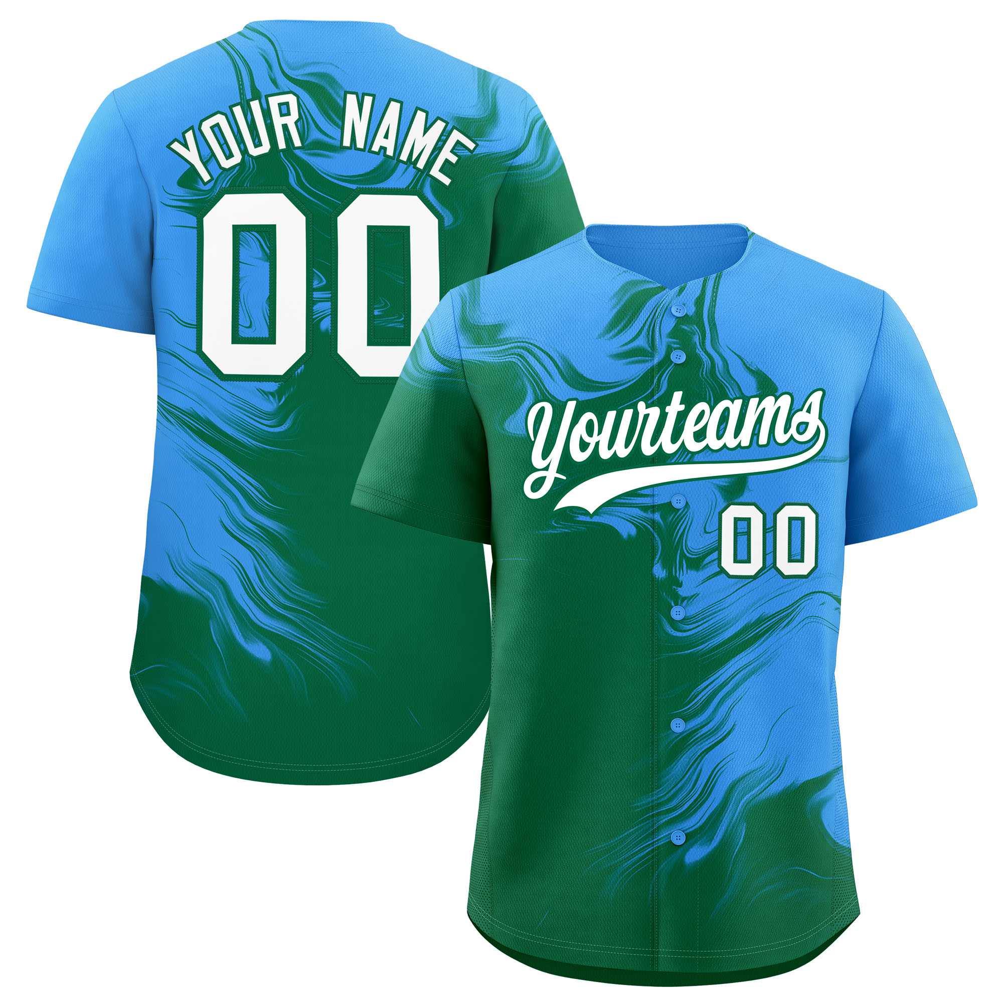 Custom Powder Blue Kelly Green Personalized Ink Pattern Authentic Baseball Jersey| KXKSHOP