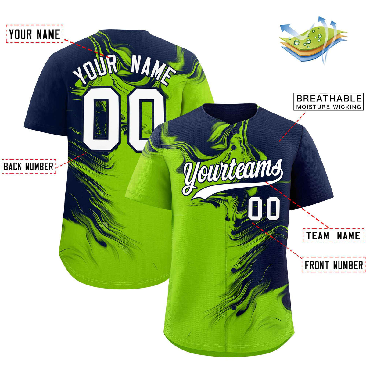 Custom Navy Neon Green Personalized Ink Pattern Authentic Baseball Jersey| KXKSHOP